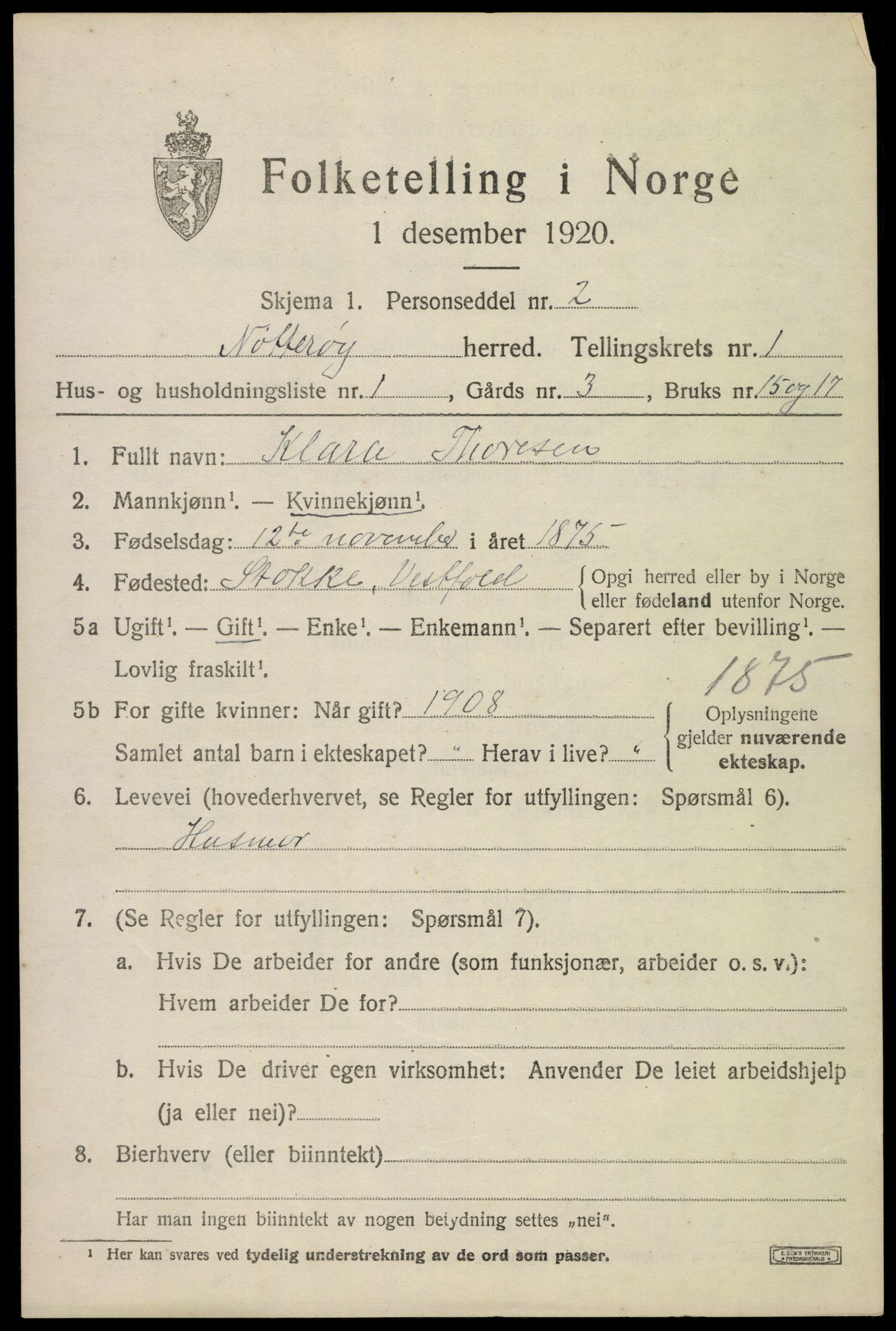 SAKO, 1920 census for Nøtterøy, 1920, p. 2839
