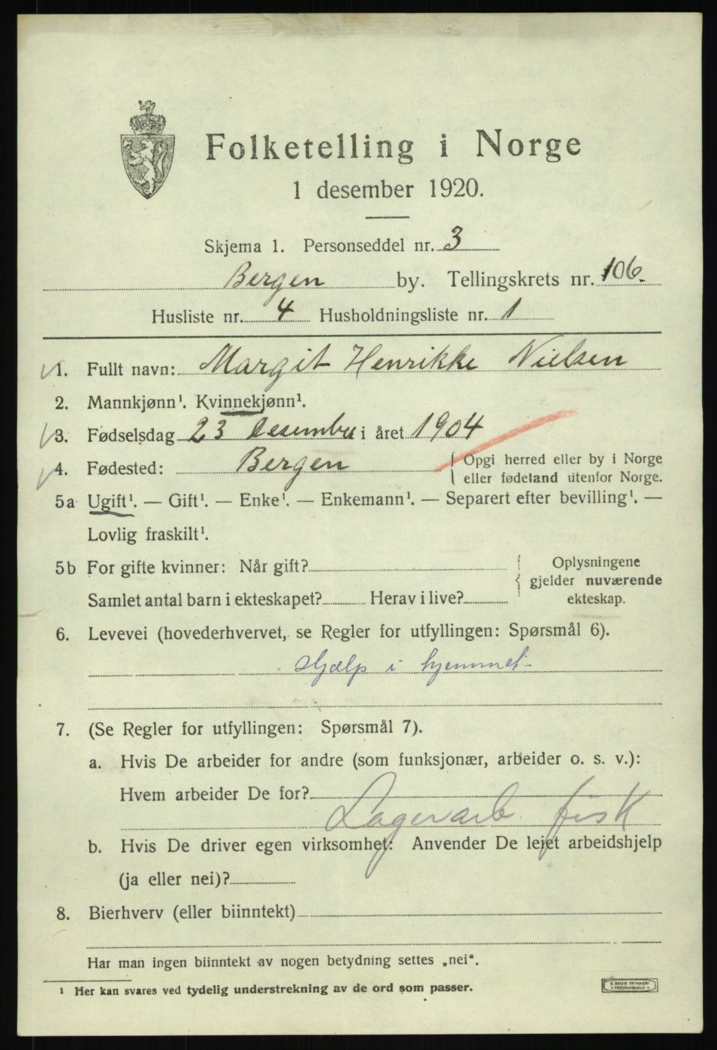 SAB, 1920 census for Bergen, 1920, p. 183720