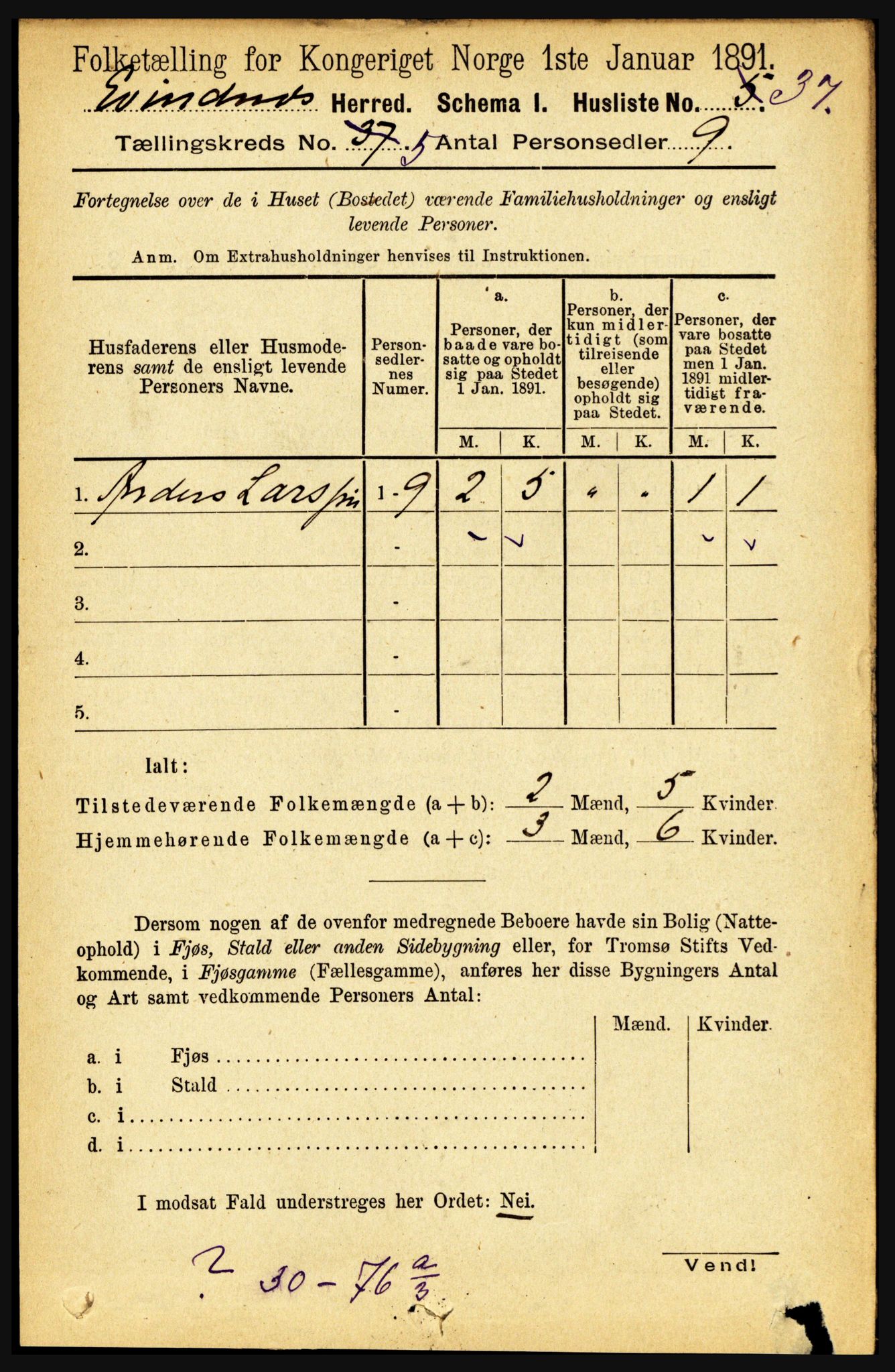 RA, 1891 census for 1853 Evenes, 1891, p. 1619