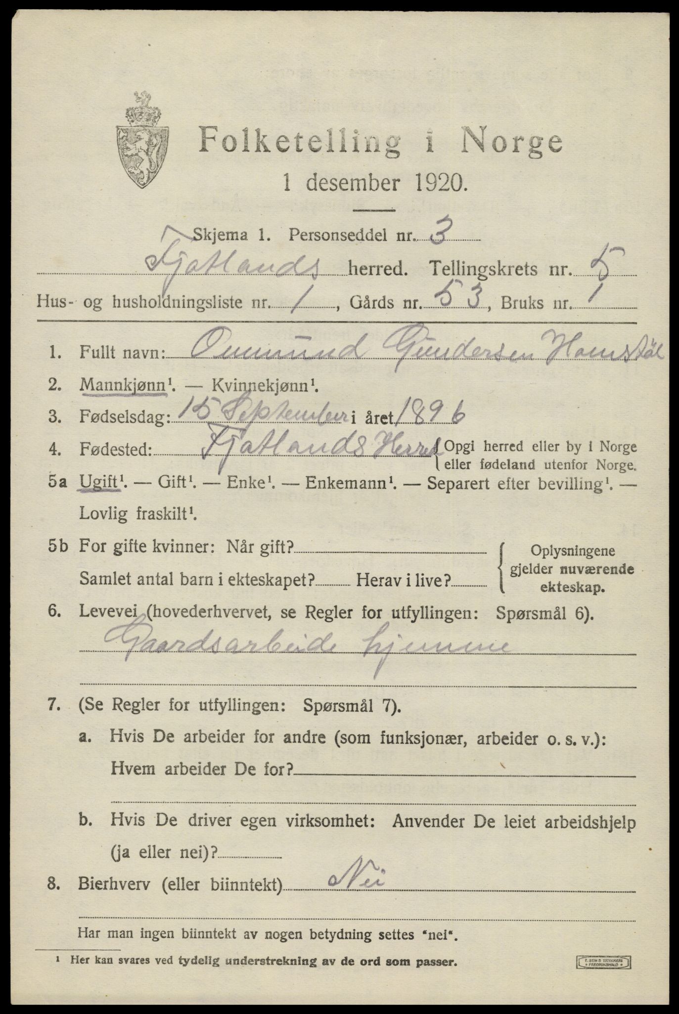 SAK, 1920 census for Fjotland, 1920, p. 1532