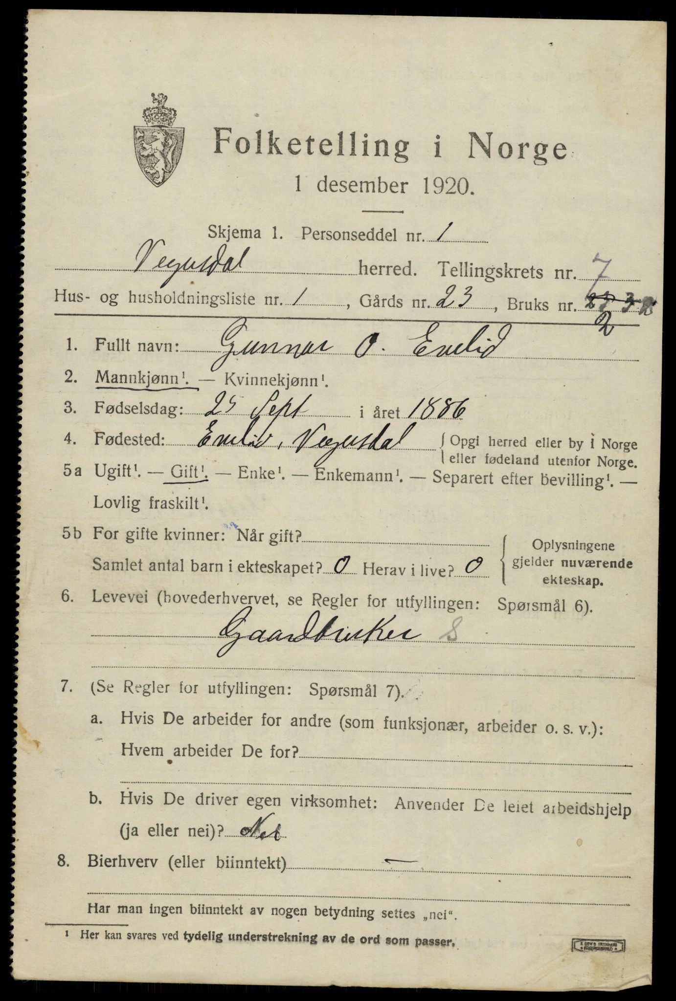 SAK, 1920 census for Vegusdal, 1920, p. 1671