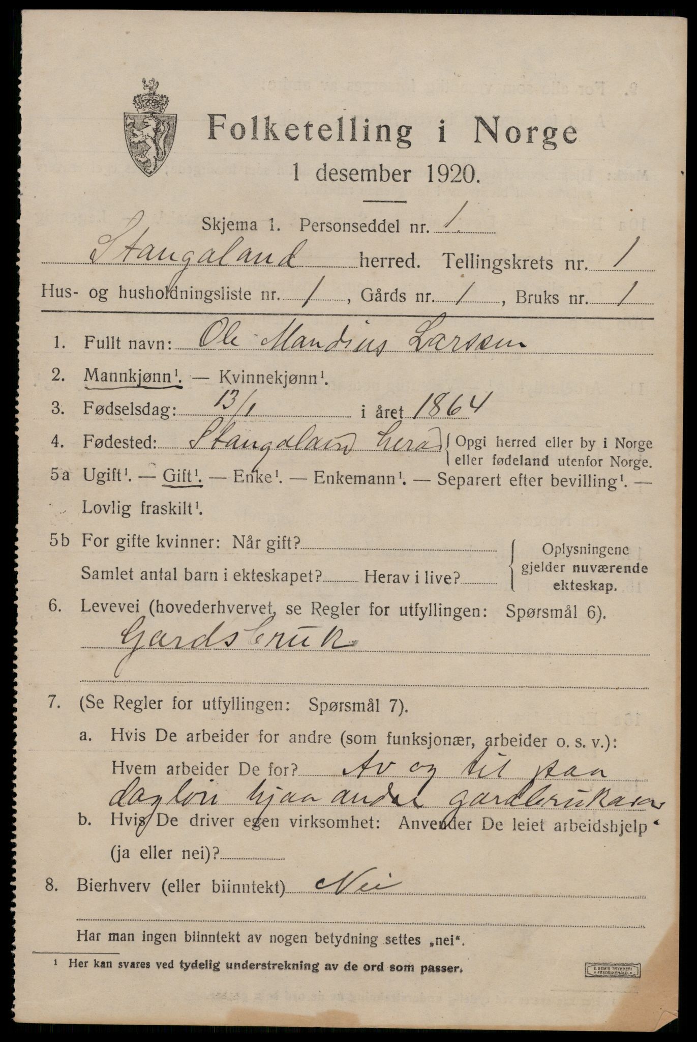 SAST, 1920 census for Stangaland, 1920, p. 583