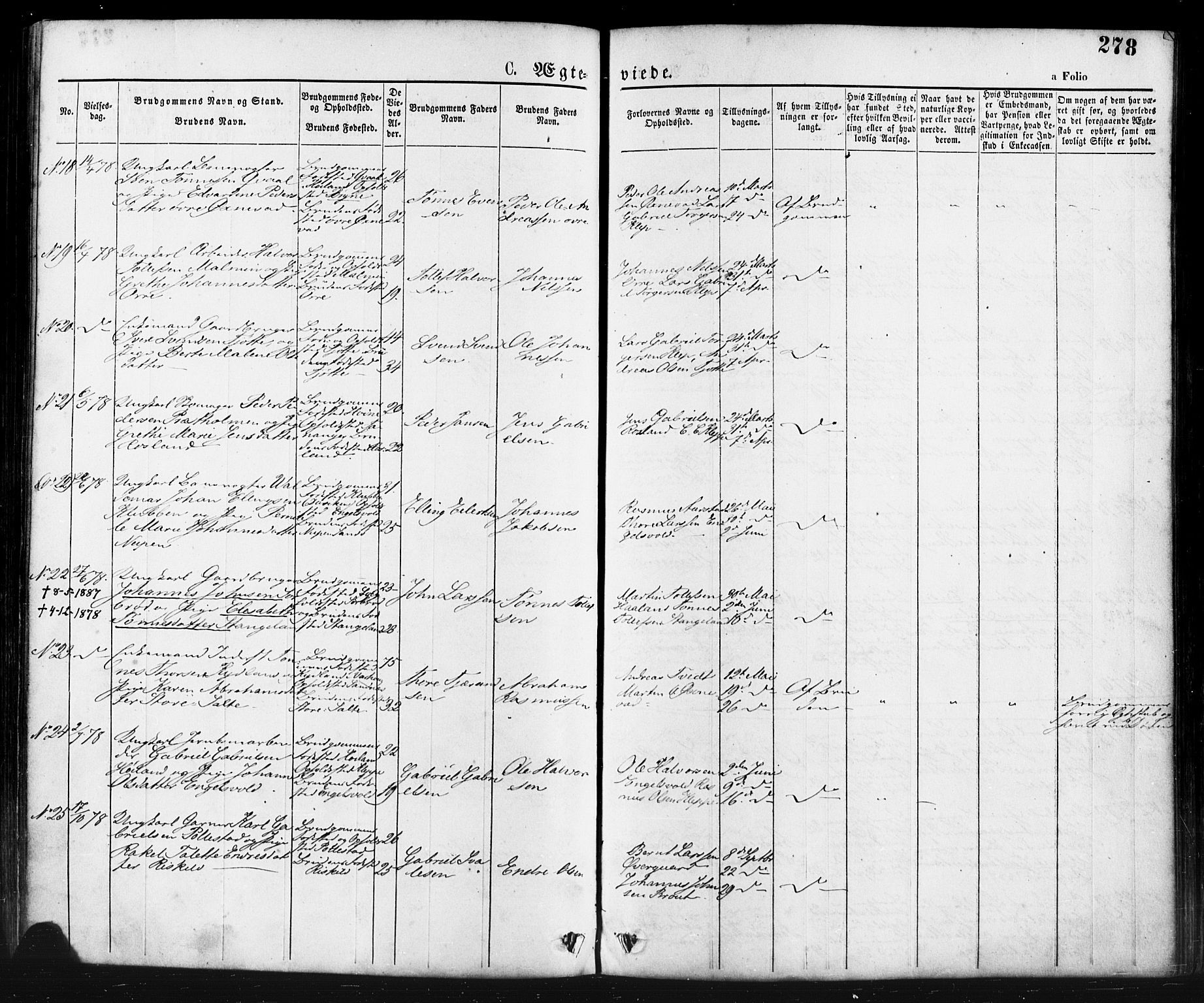 Klepp sokneprestkontor, AV/SAST-A-101803/001/3/30BA/L0006: Parish register (official) no. A 6, 1871-1885, p. 278