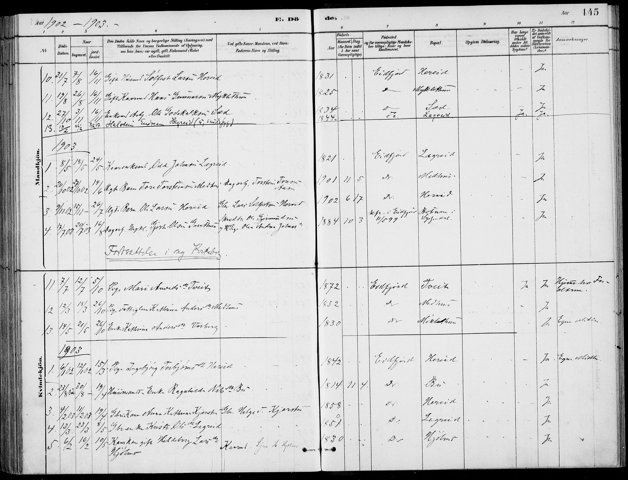 Ulvik sokneprestembete, SAB/A-78801/H/Haa: Parish register (official) no. D  1, 1878-1903, p. 145