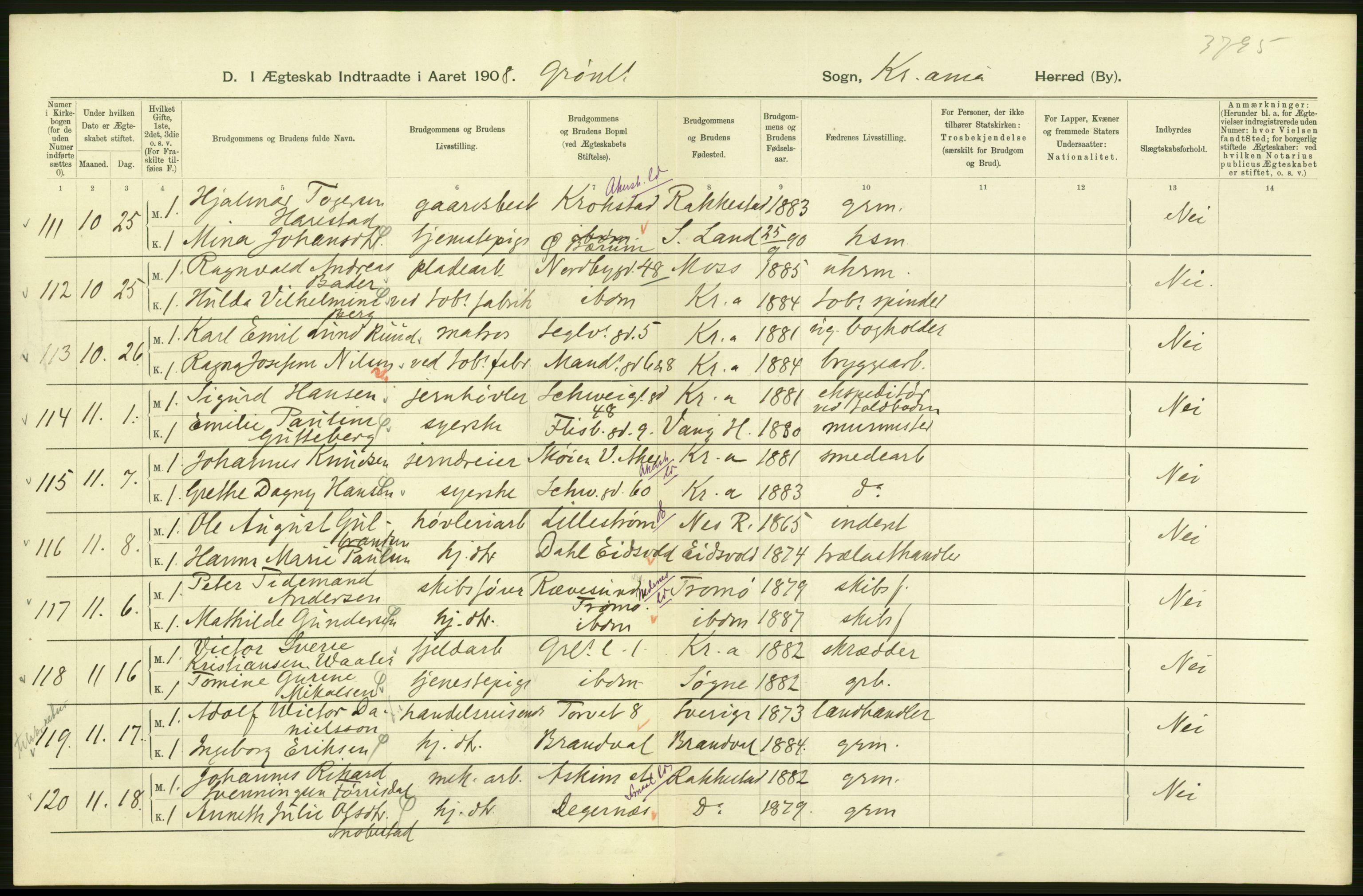 Statistisk sentralbyrå, Sosiodemografiske emner, Befolkning, AV/RA-S-2228/D/Df/Dfa/Dfaf/L0007: Kristiania: Gifte, 1908, p. 106