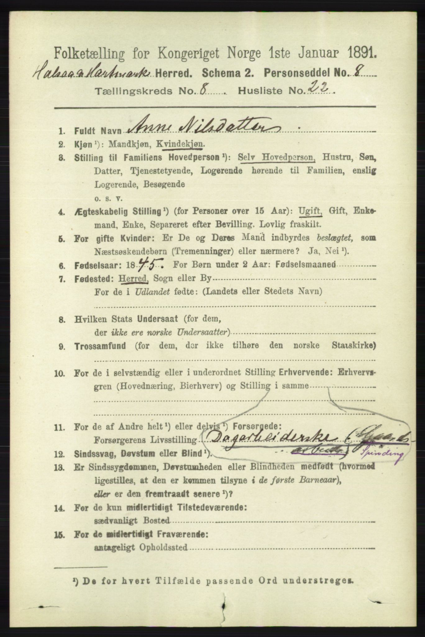 RA, 1891 census for 1019 Halse og Harkmark, 1891, p. 3367