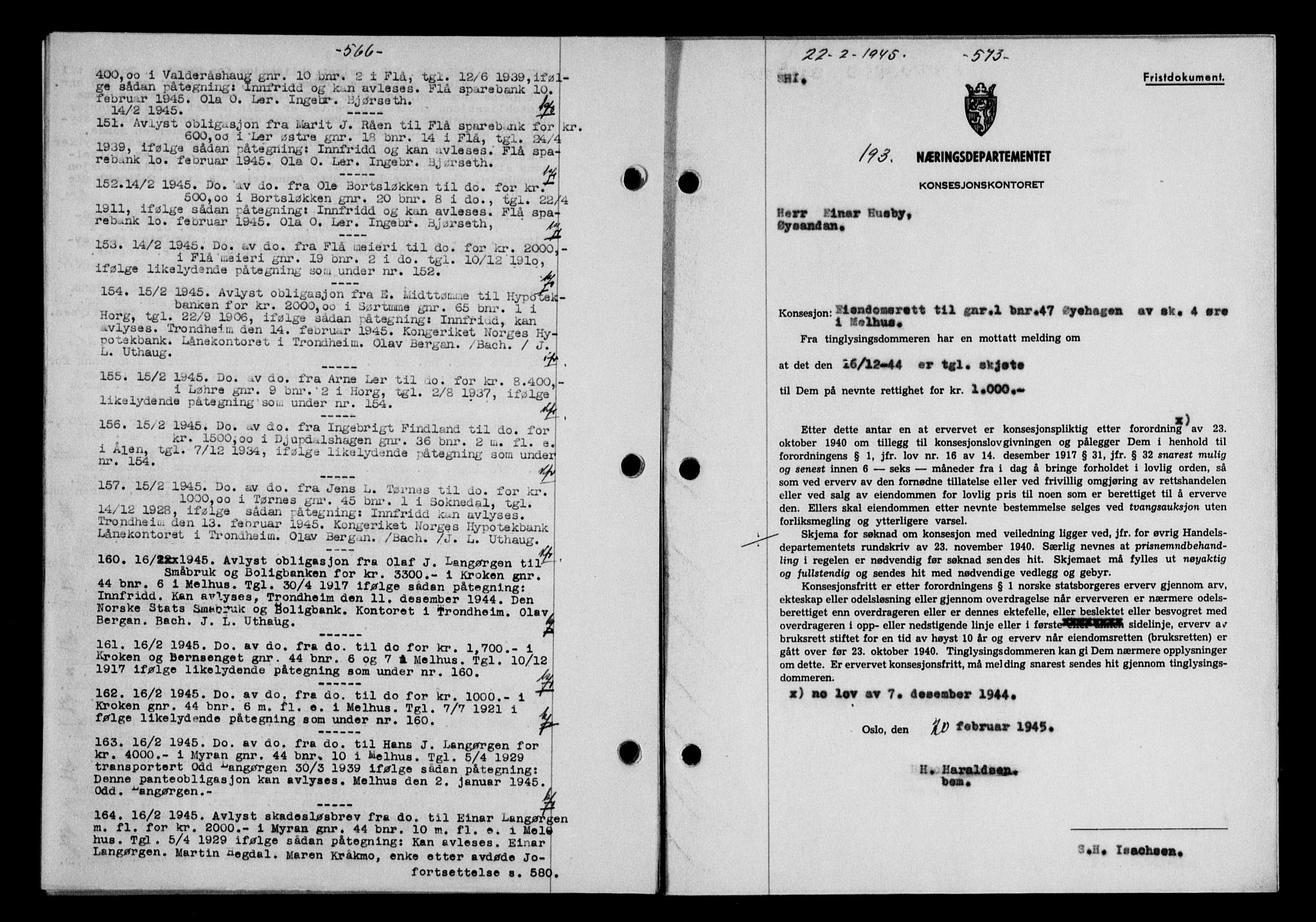 Gauldal sorenskriveri, SAT/A-0014/1/2/2C/L0058: Mortgage book no. 63, 1944-1945, Diary no: : 193/1945