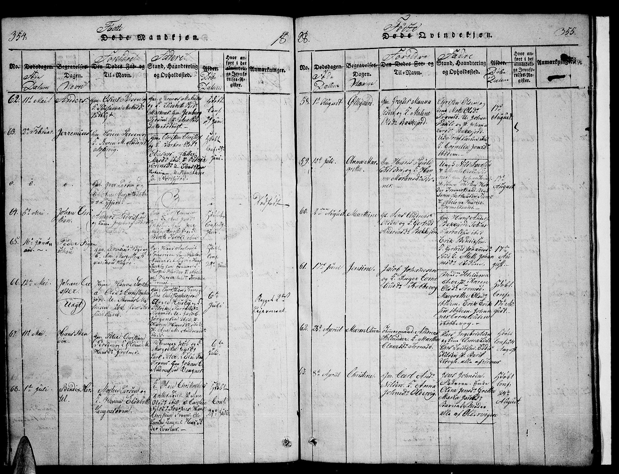 Tromsø sokneprestkontor/stiftsprosti/domprosti, AV/SATØ-S-1343/G/Ga/L0007kirke: Parish register (official) no. 7, 1821-1828, p. 354-355