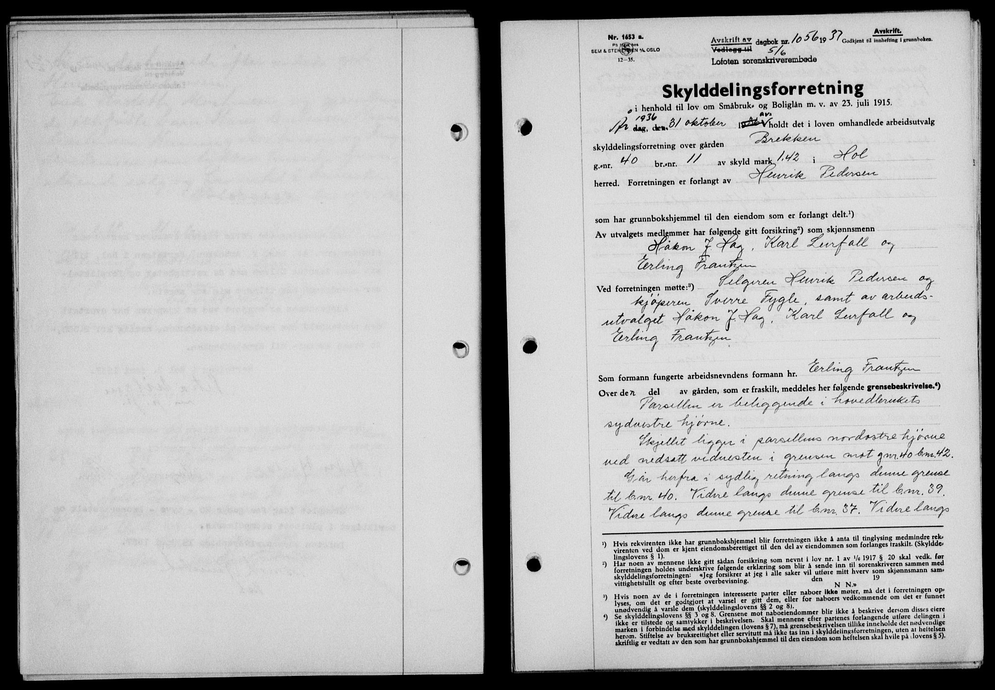 Lofoten sorenskriveri, SAT/A-0017/1/2/2C/L0002a: Mortgage book no. 2a, 1937-1937, Diary no: : 1056/1937