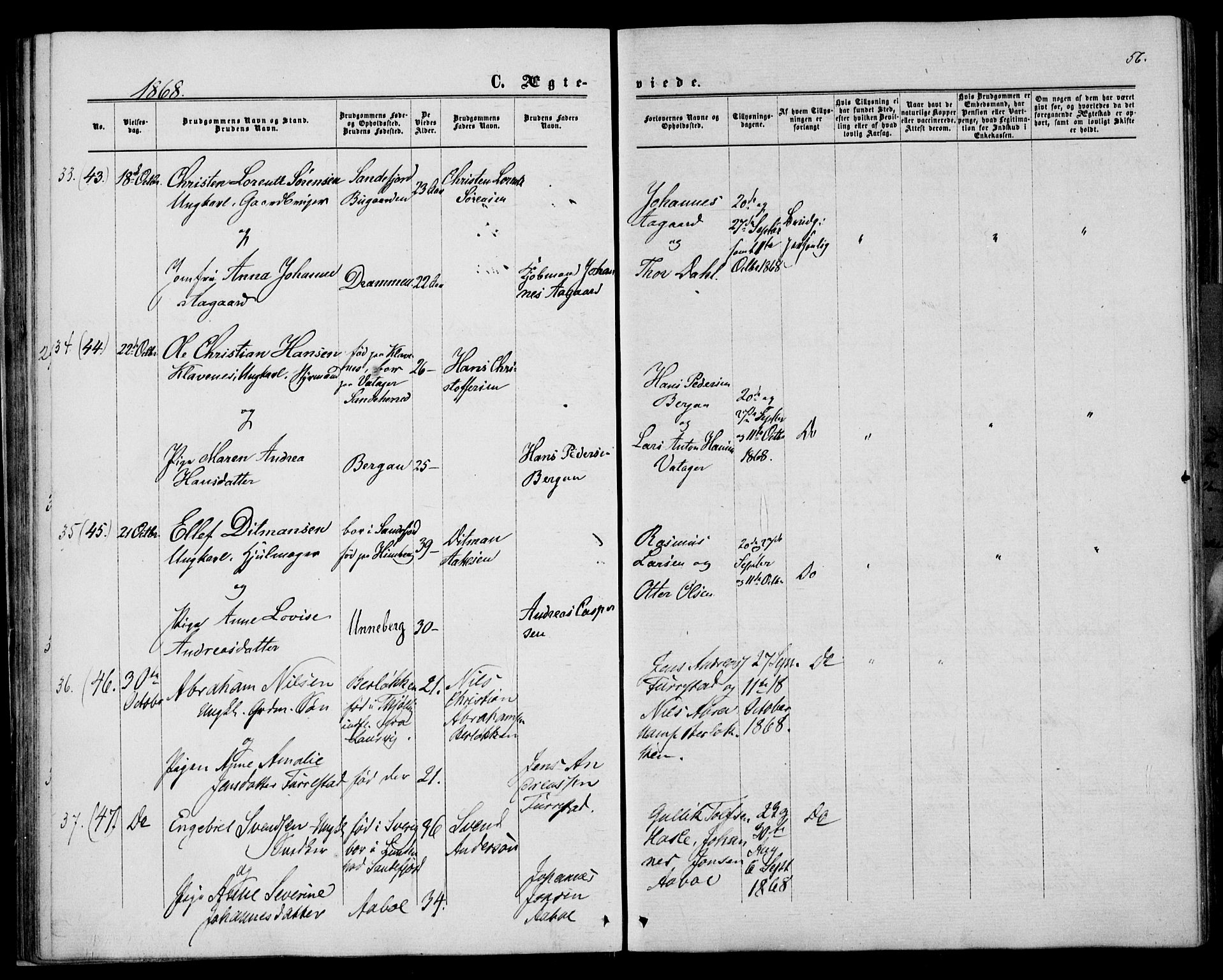 Sandar kirkebøker, AV/SAKO-A-243/F/Fa/L0009: Parish register (official) no. 9, 1862-1871, p. 56