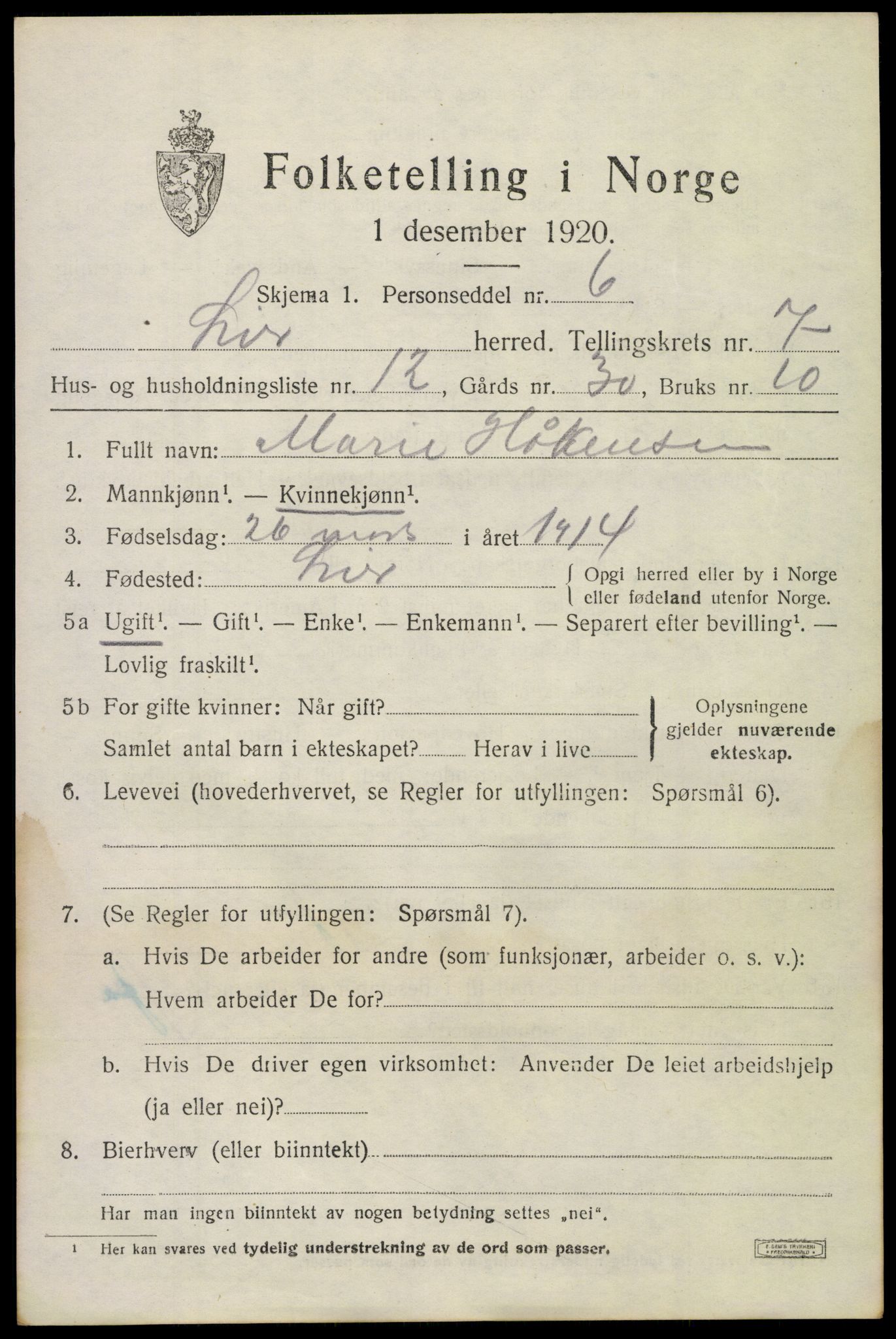 SAKO, 1920 census for Lier, 1920, p. 12666