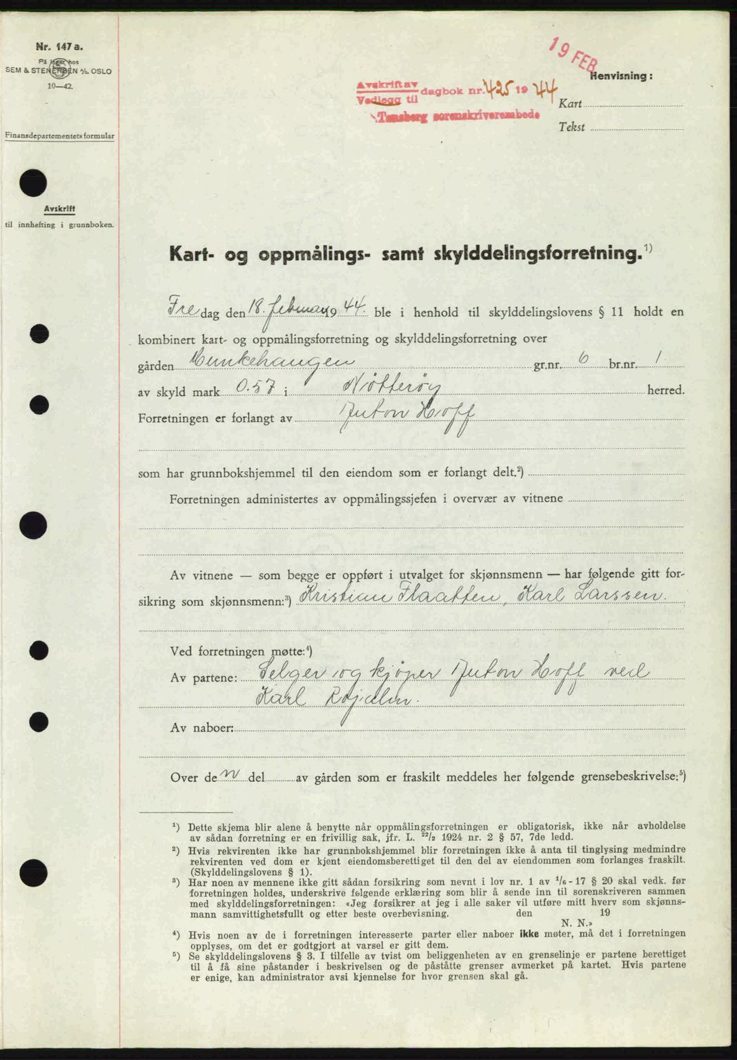 Tønsberg sorenskriveri, AV/SAKO-A-130/G/Ga/Gaa/L0014: Mortgage book no. A14, 1943-1944, Diary no: : 425/1944