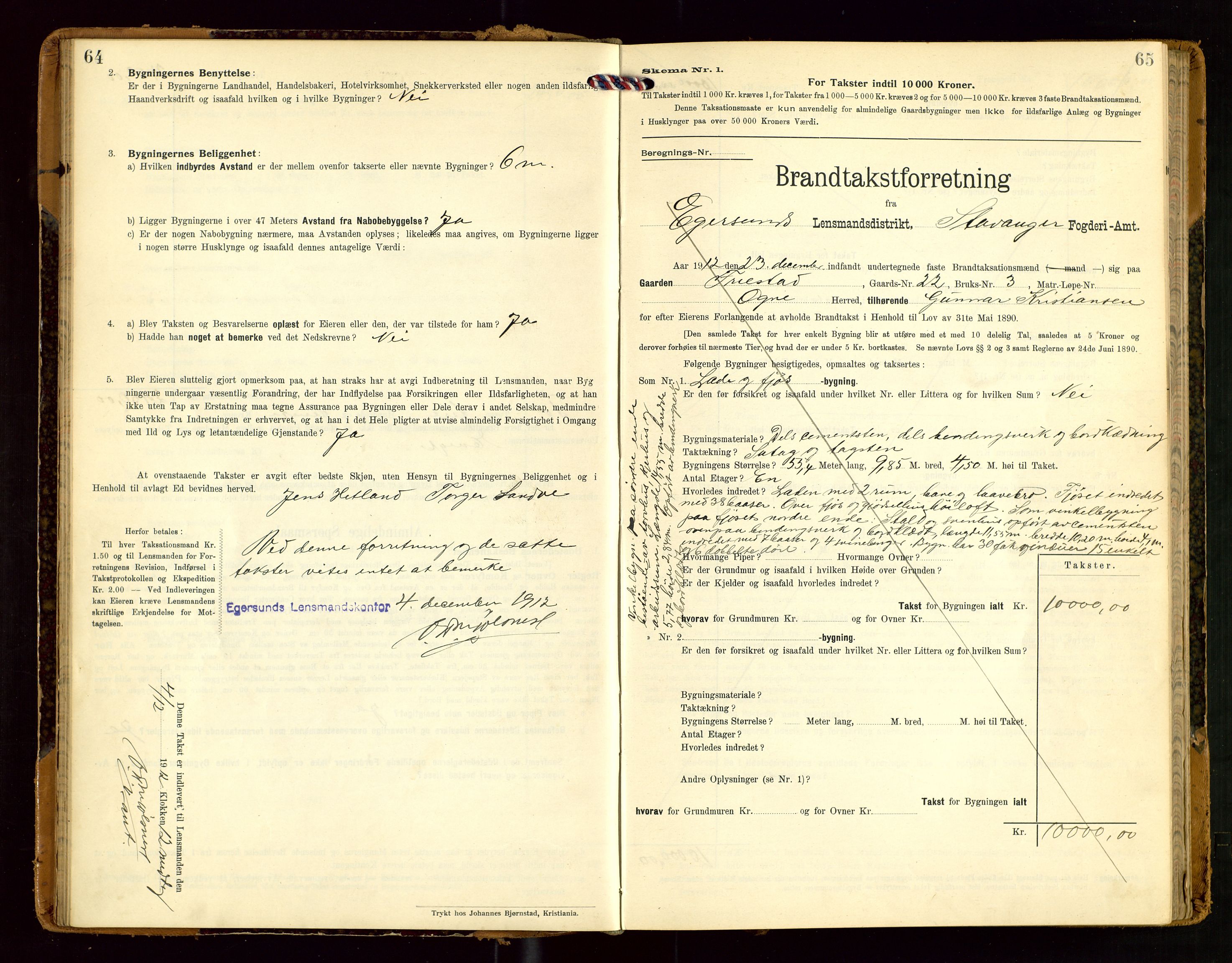 Eigersund lensmannskontor, SAST/A-100171/Gob/L0002: "Brandtakstprotokol", 1910-1916, p. 64-65