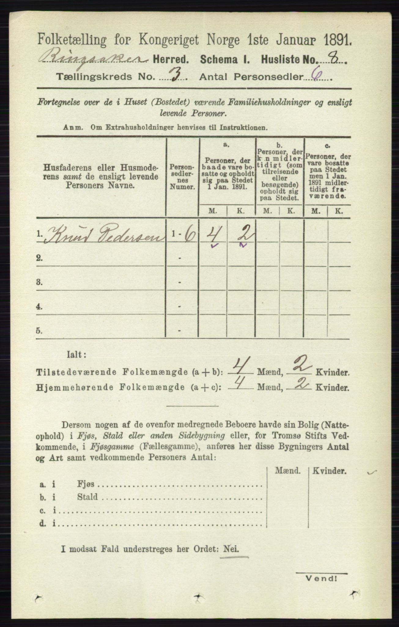 RA, 1891 census for 0412 Ringsaker, 1891, p. 1169