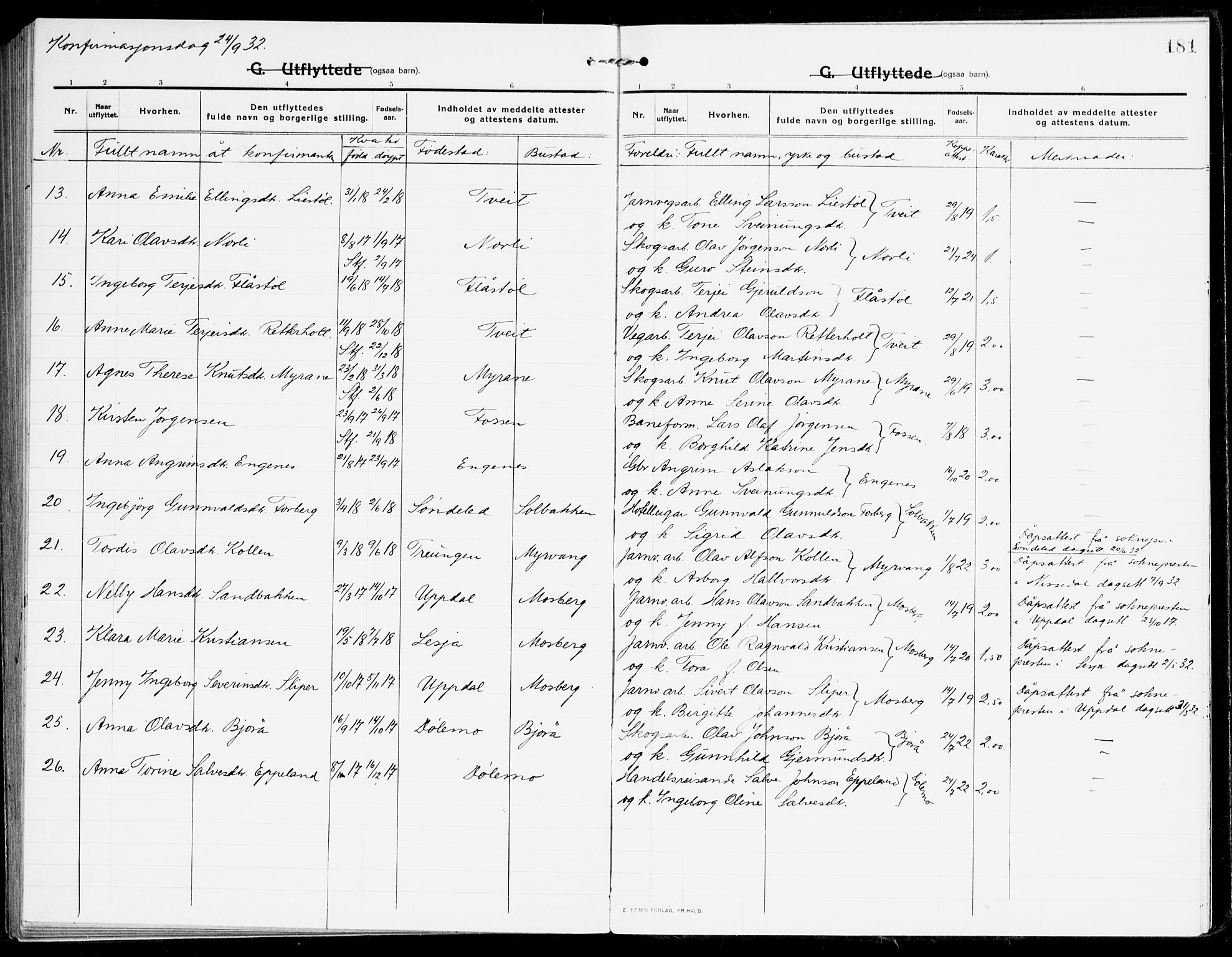 Åmli sokneprestkontor, AV/SAK-1111-0050/F/Fa/Fac/L0013: Parish register (official) no. A 13, 1914-1933, p. 181