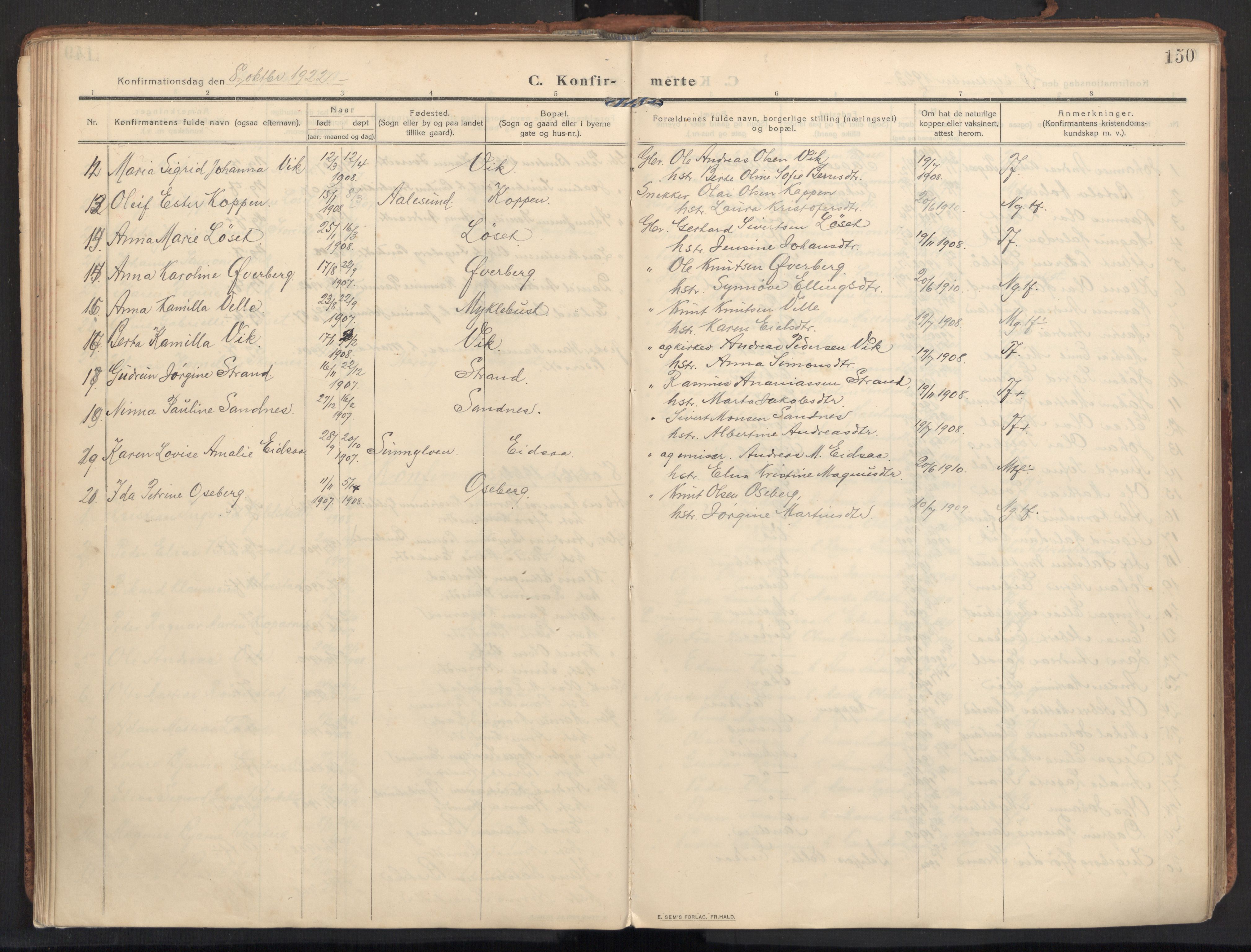 Ministerialprotokoller, klokkerbøker og fødselsregistre - Møre og Romsdal, AV/SAT-A-1454/502/L0026: Parish register (official) no. 502A04, 1909-1933, p. 150