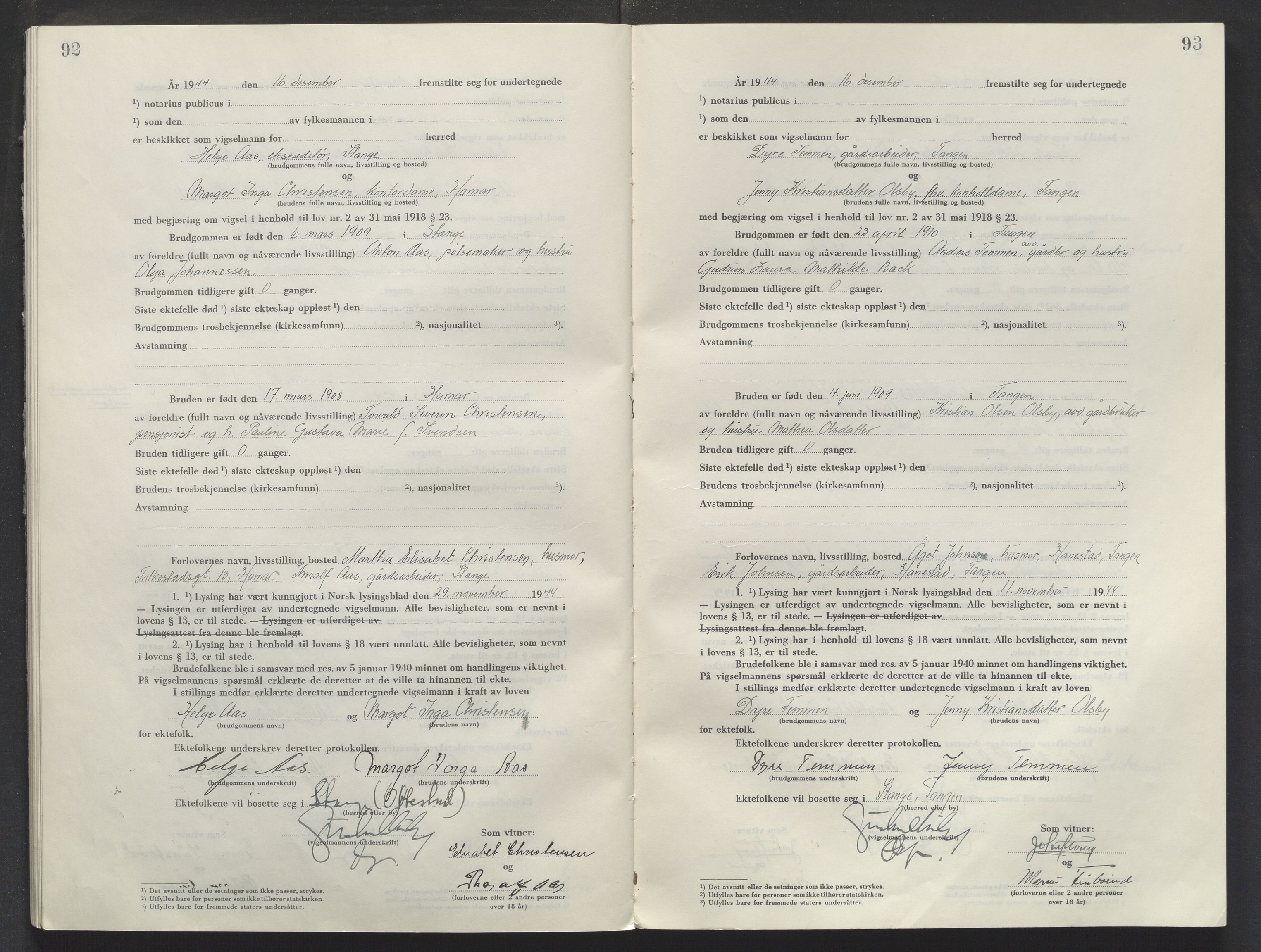 Sør-Hedmark sorenskriveri, AV/SAH-TING-014/L/Le/L0002/0001: Vigselsbøker / Vigselbok, 1944-1945, p. 94-95