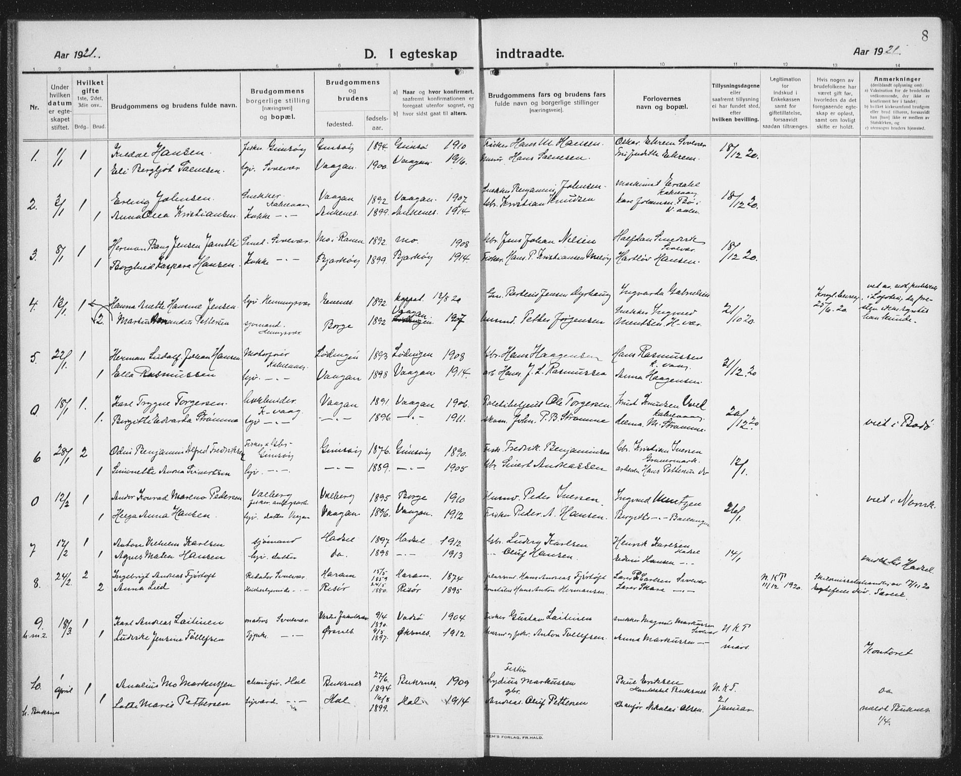 Ministerialprotokoller, klokkerbøker og fødselsregistre - Nordland, SAT/A-1459/874/L1082: Parish register (copy) no. 874C11, 1920-1939, p. 8