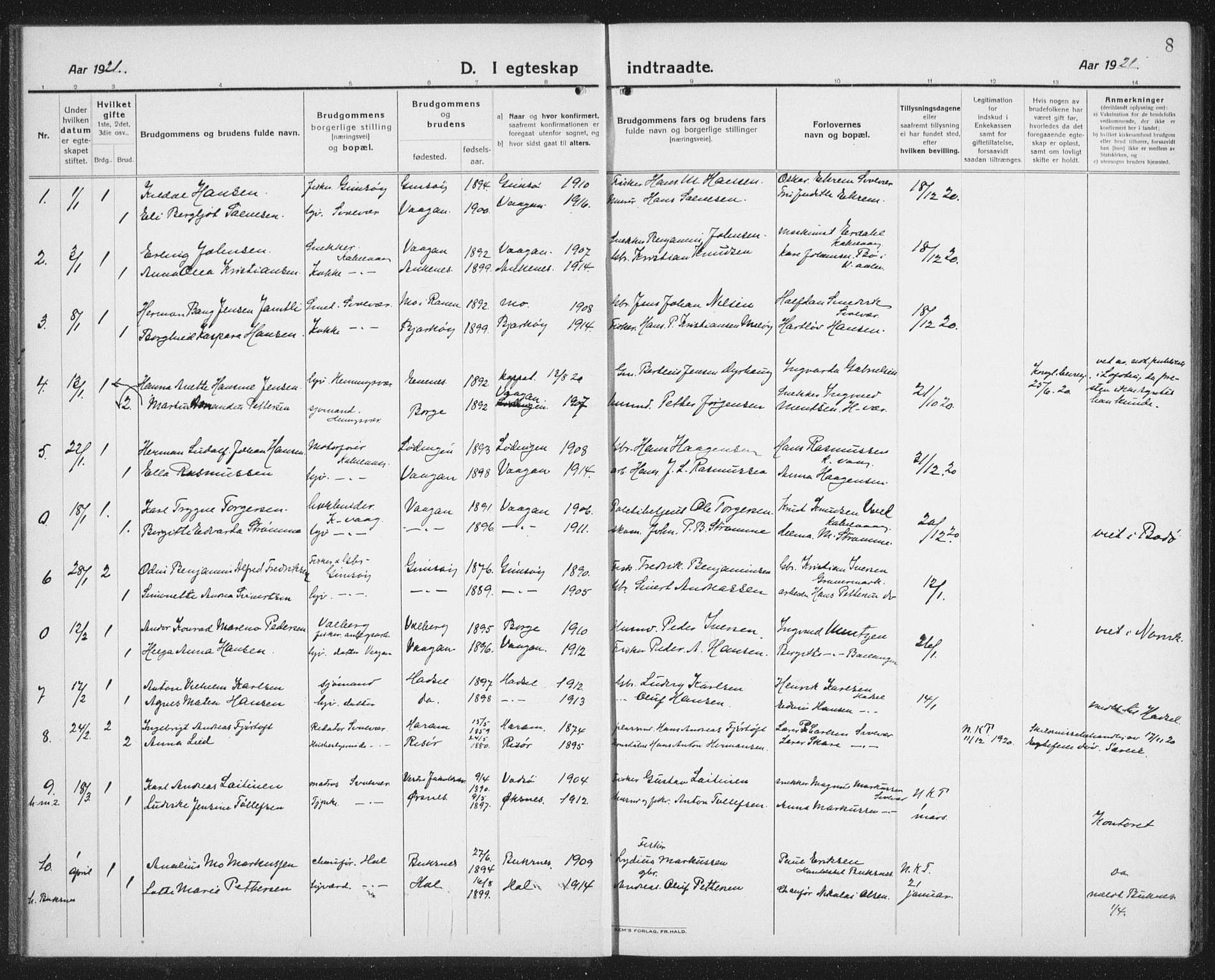 Ministerialprotokoller, klokkerbøker og fødselsregistre - Nordland, AV/SAT-A-1459/874/L1082: Parish register (copy) no. 874C11, 1920-1939, p. 8