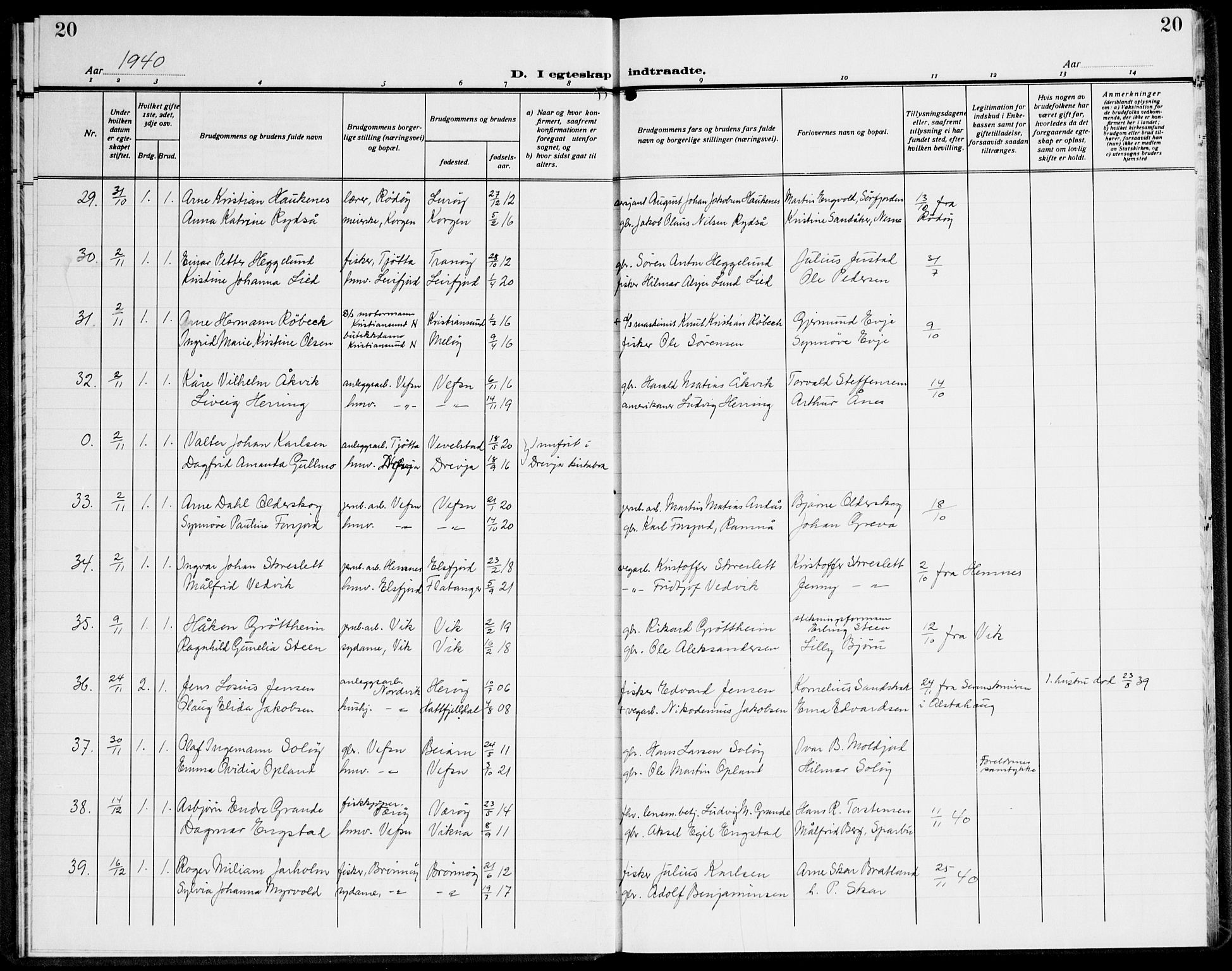 Ministerialprotokoller, klokkerbøker og fødselsregistre - Nordland, SAT/A-1459/820/L0304: Parish register (copy) no. 820C06, 1934-1944, p. 20