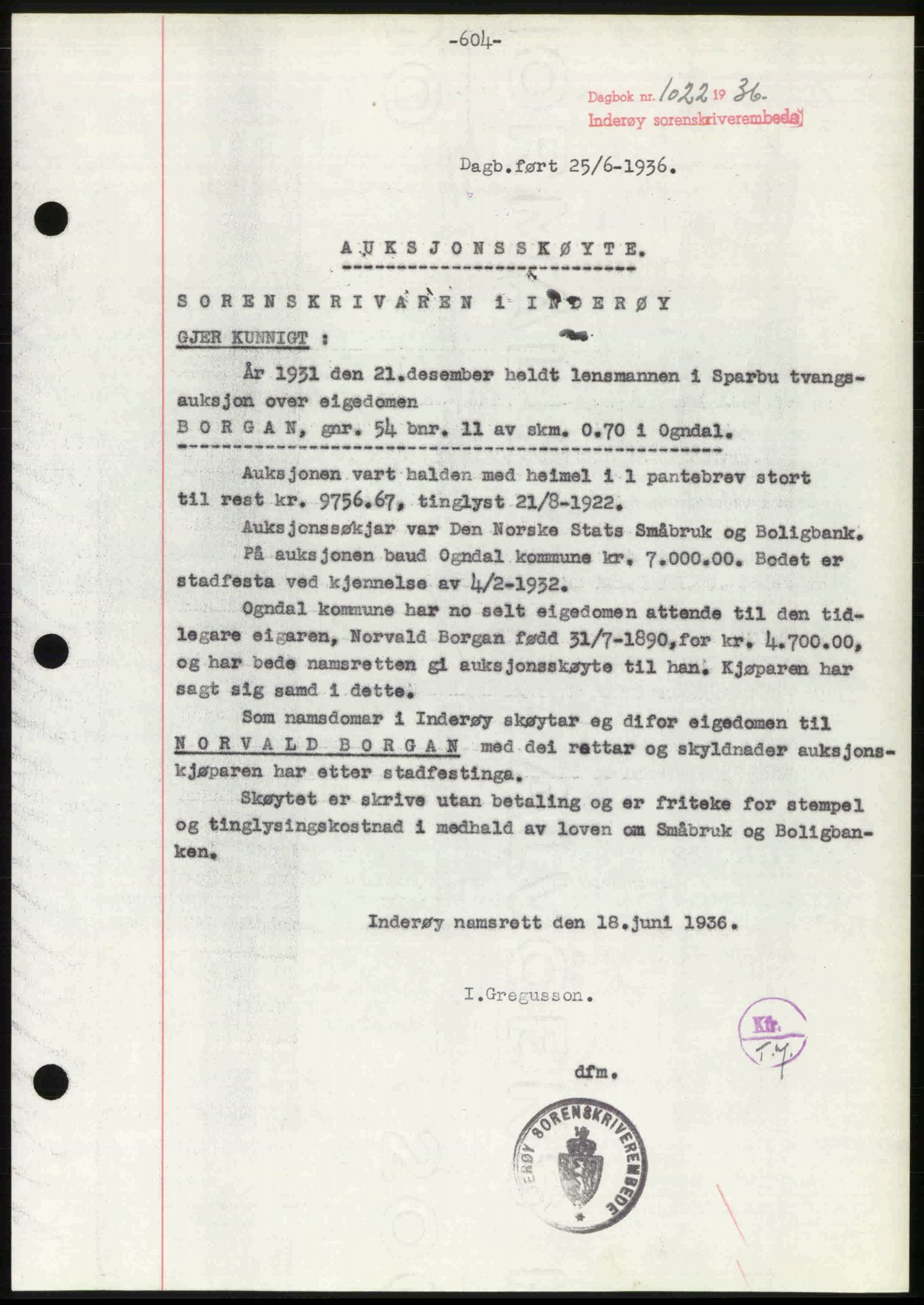 Inderøy sorenskriveri, AV/SAT-A-4147/1/2/2C: Mortgage book no. A 1, 1936-1936, p. 604, Diary no: : 1022/1936