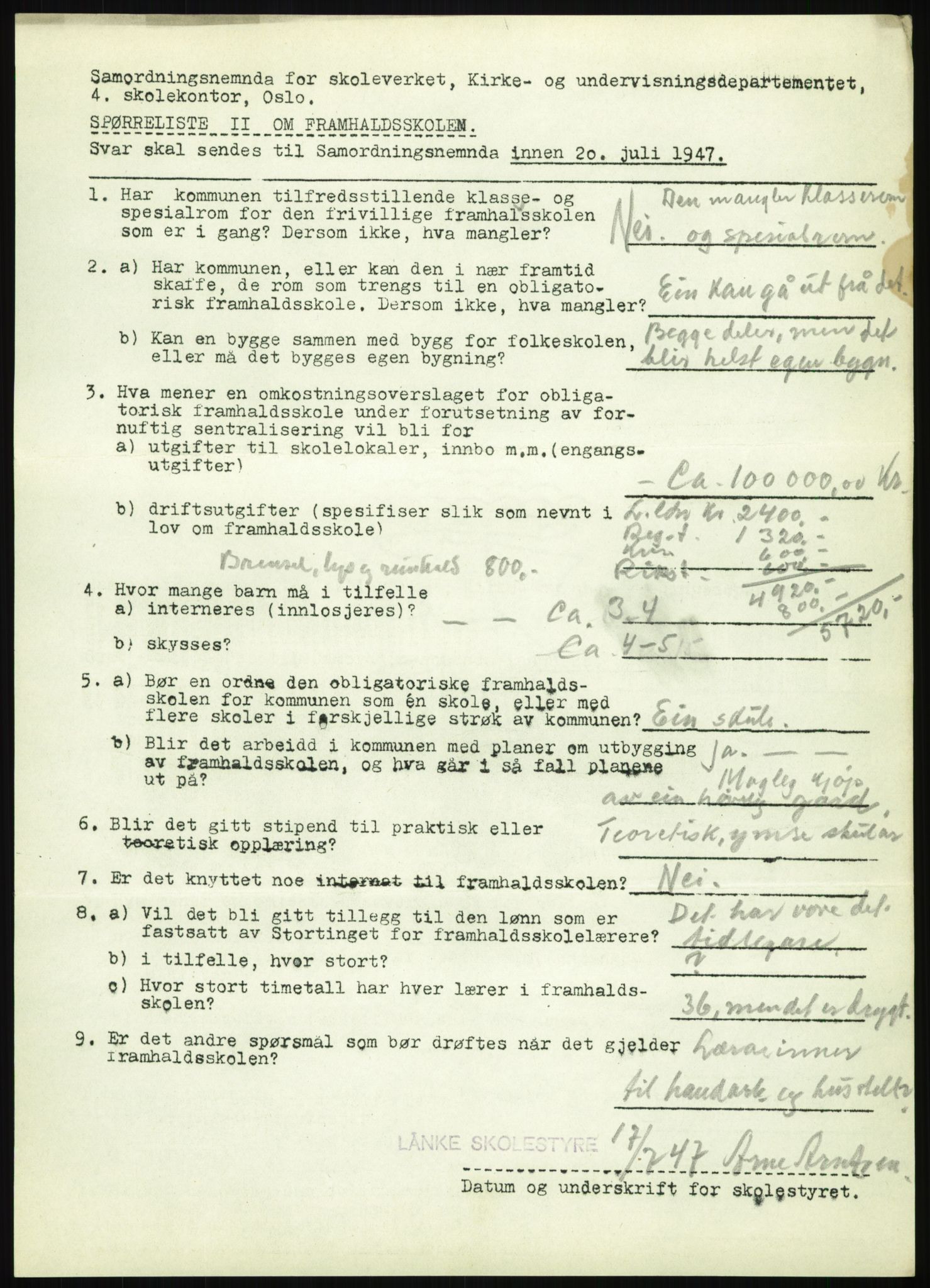 Kirke- og undervisningsdepartementet, Samordningsnemnda for skoleverket, AV/RA-S-1146/D/L0008: Svar på spørreskjema fra kommuner i Nord-Trøndelag, Nordland, Troms og Finnmark, 1947, p. 101