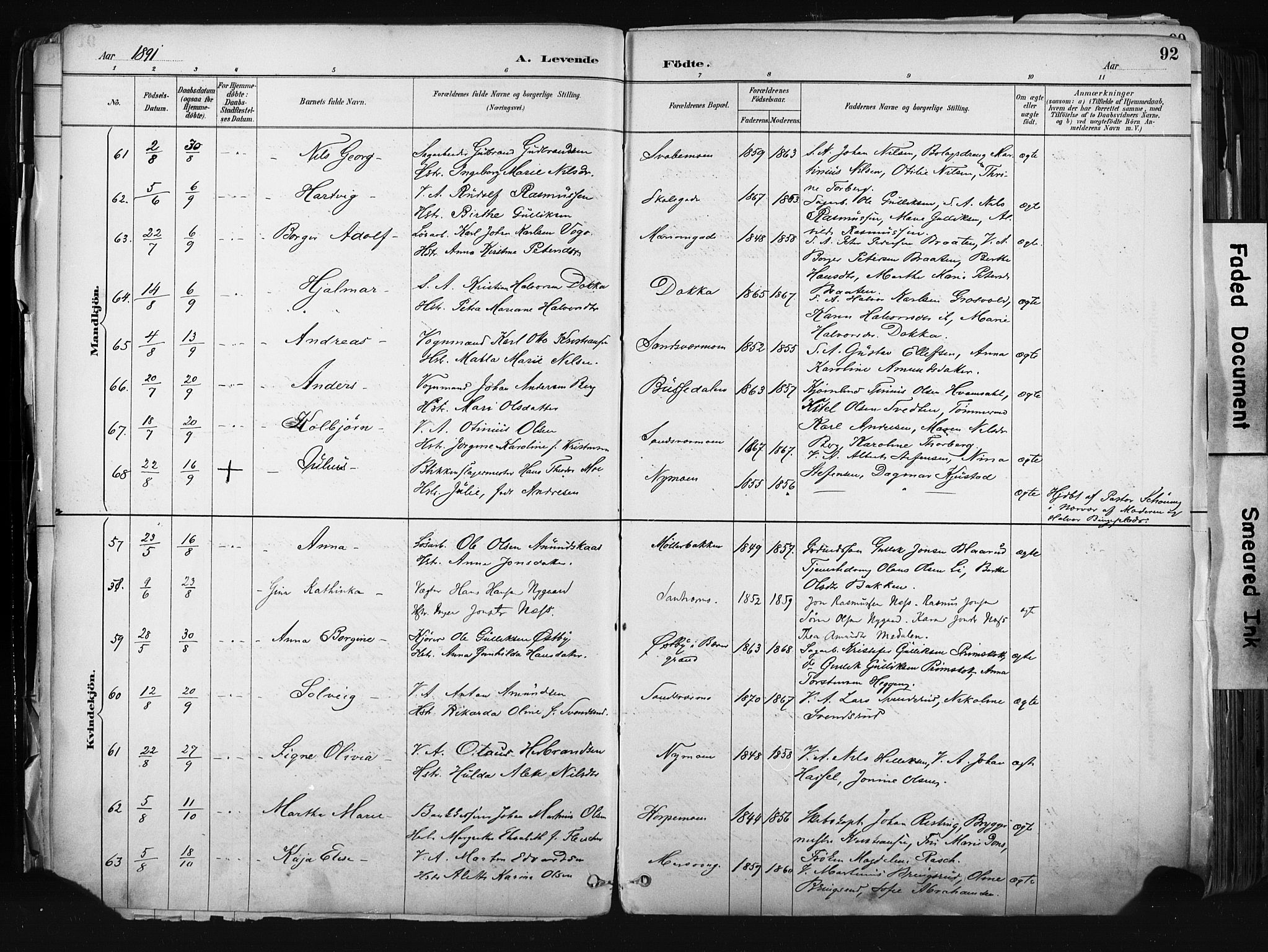 Kongsberg kirkebøker, AV/SAKO-A-22/F/Fb/L0002: Parish register (official) no. II 2, 1886-1896, p. 92