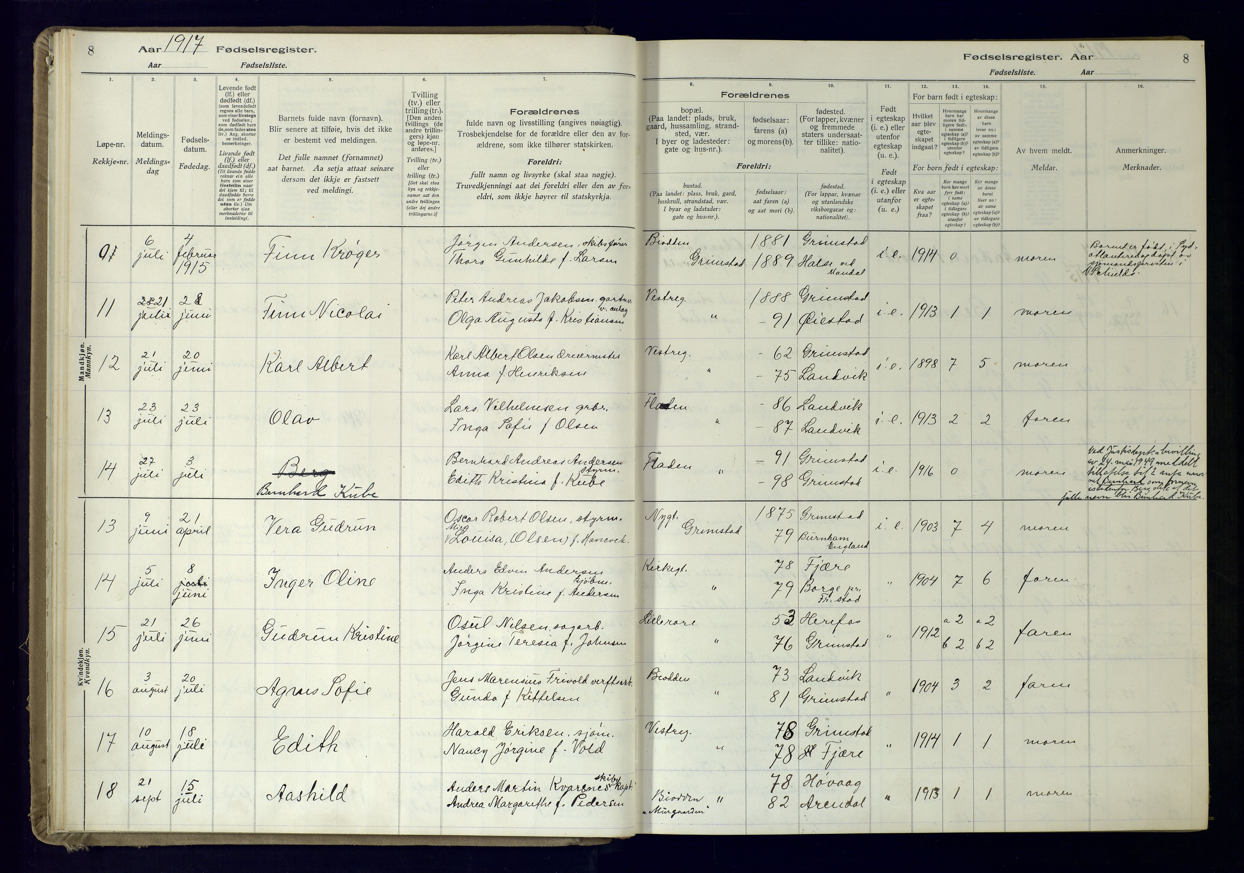 Grimstad sokneprestkontor, AV/SAK-1111-0017/J/Ja/L0001: Birth register no. 1, 1916-1960, p. 8