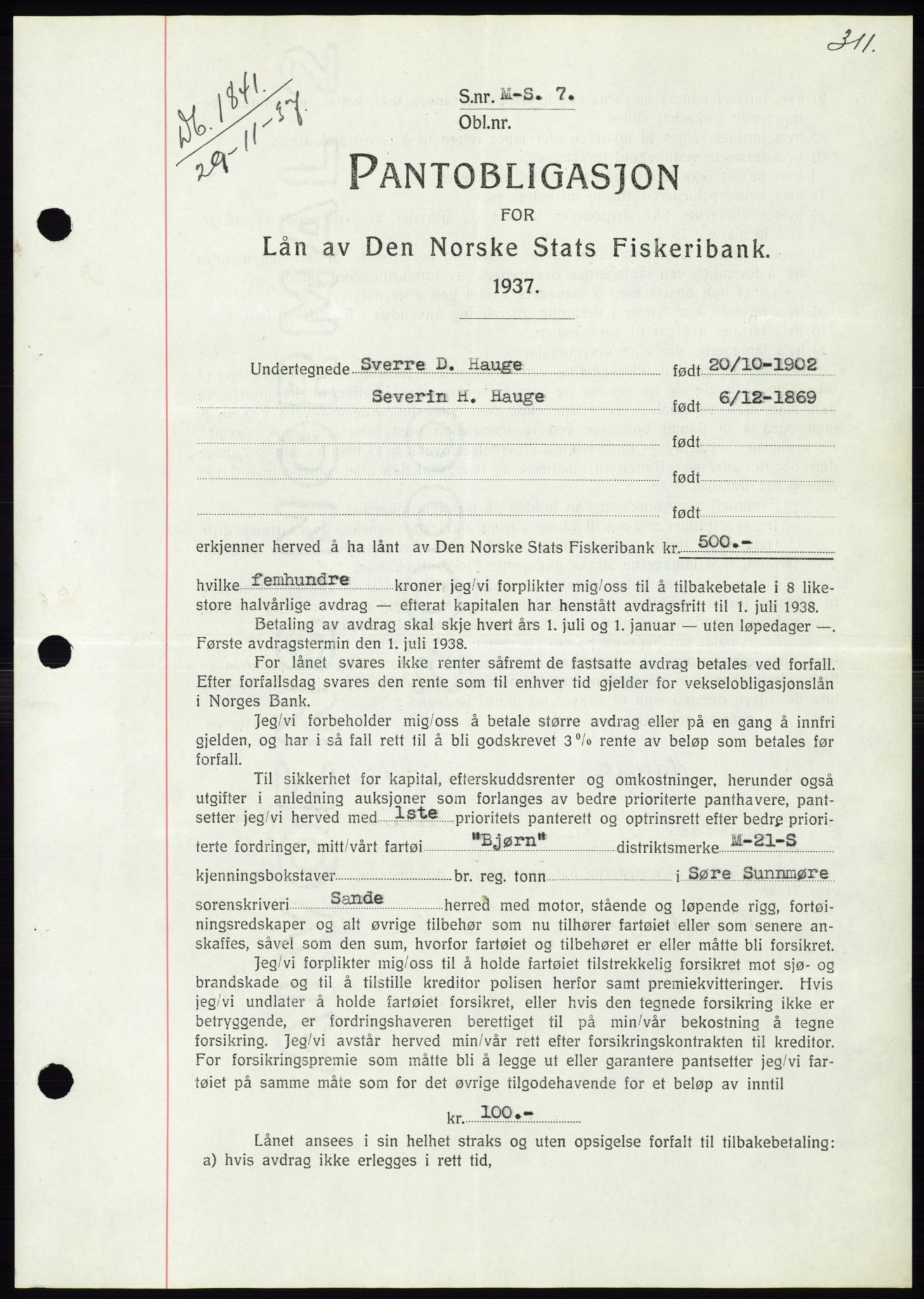 Søre Sunnmøre sorenskriveri, AV/SAT-A-4122/1/2/2C/L0064: Mortgage book no. 58, 1937-1938, Diary no: : 1841/1937