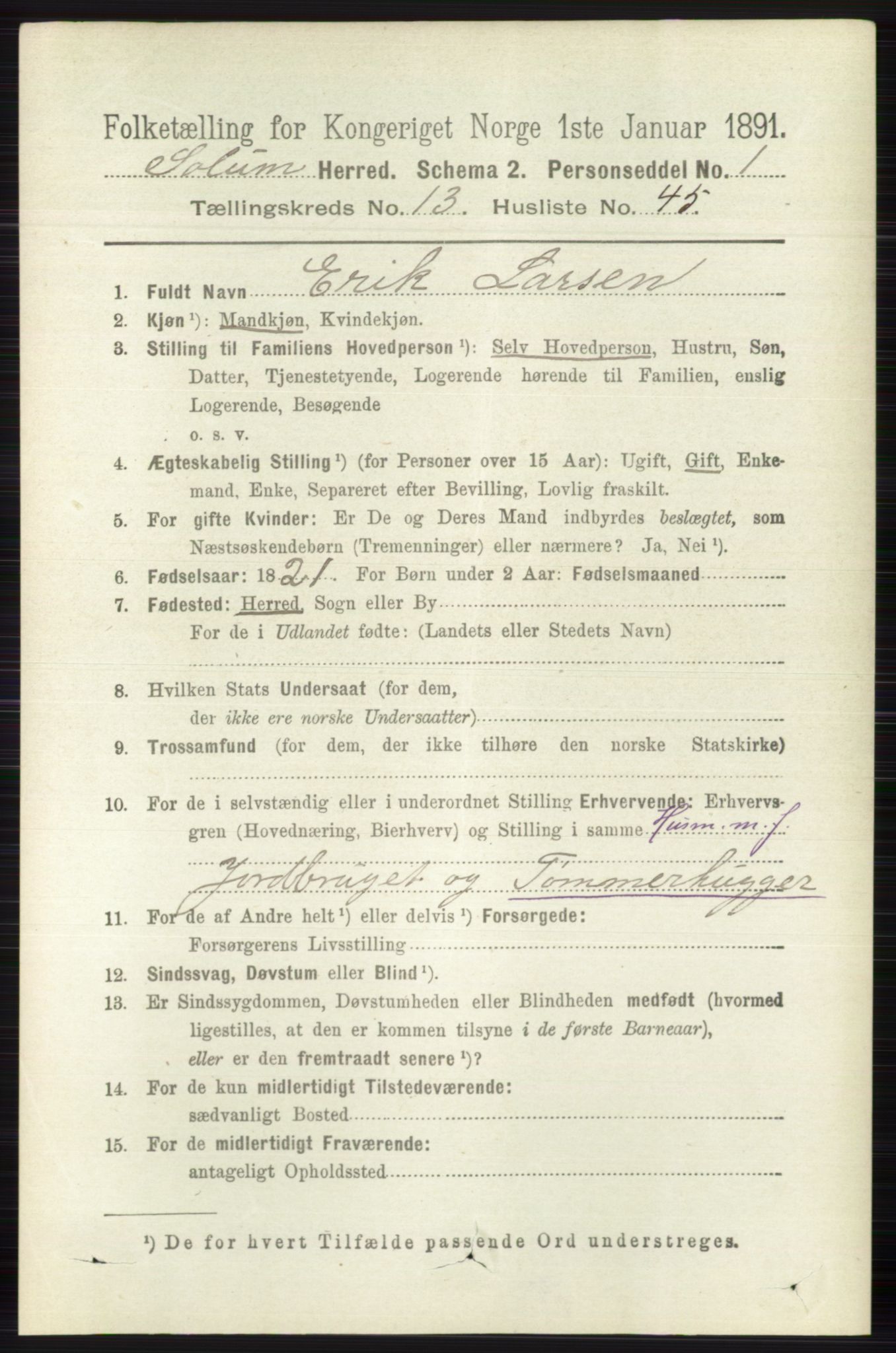 RA, 1891 census for 0818 Solum, 1891, p. 6284