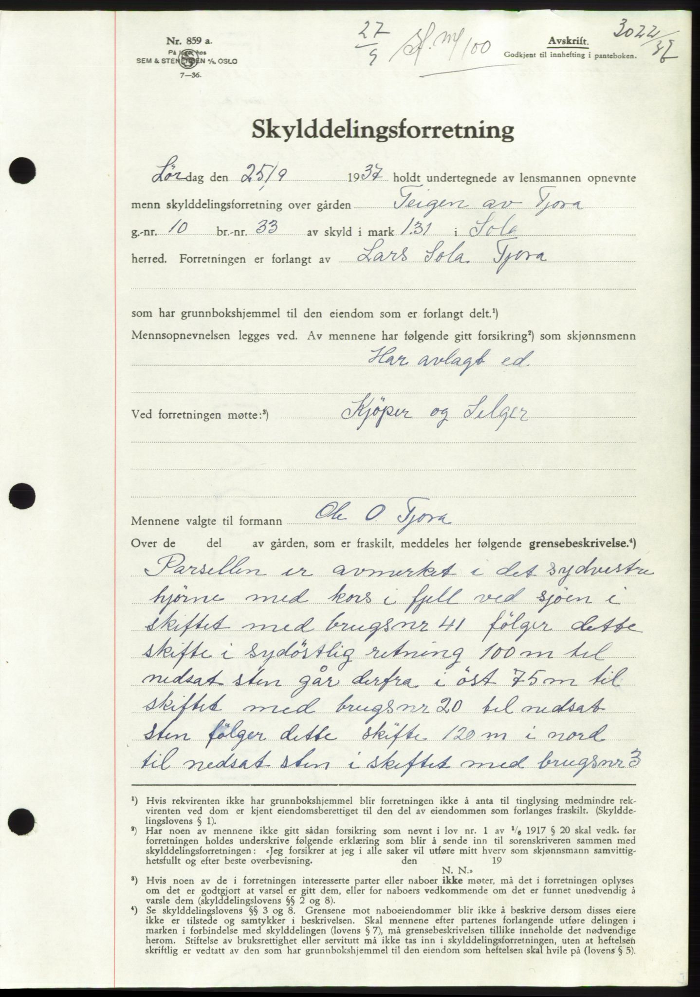 Jæren sorenskriveri, SAST/A-100310/03/G/Gba/L0069: Mortgage book, 1937-1937, Diary no: : 3022/1937