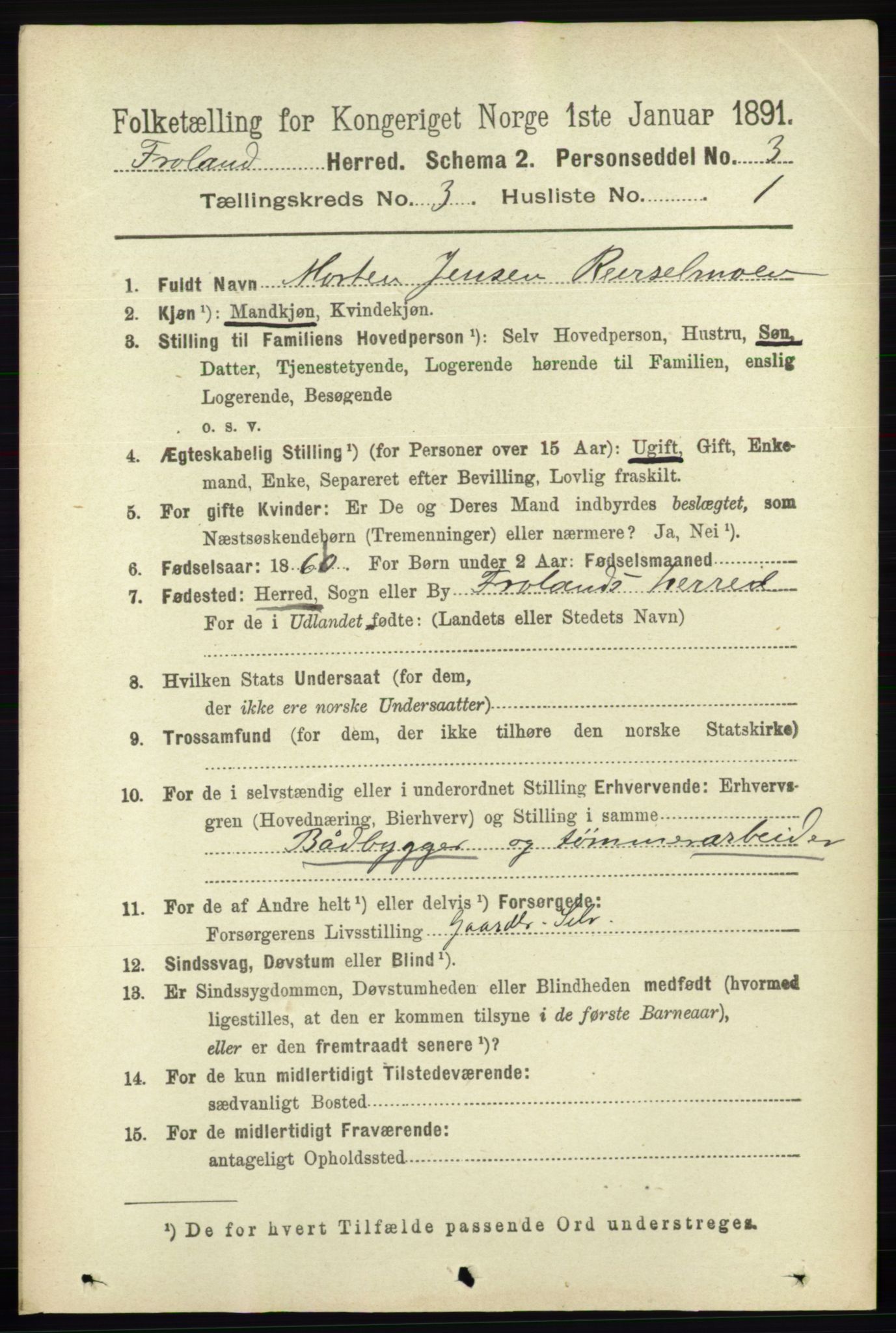 RA, 1891 census for 0919 Froland, 1891, p. 1017