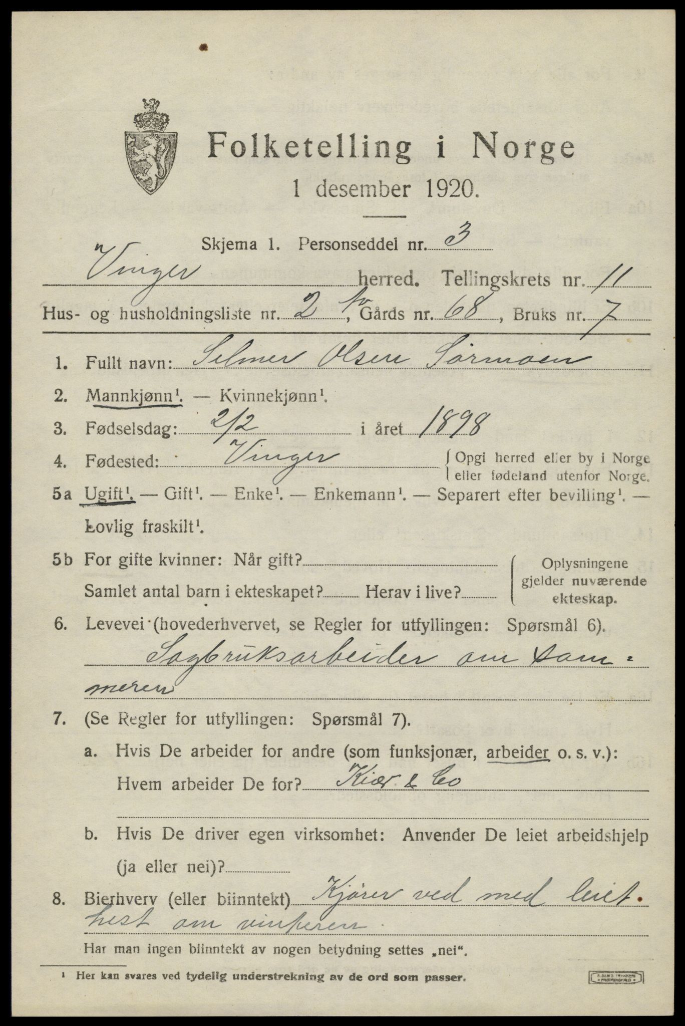 SAH, 1920 census for Vinger, 1920, p. 8934