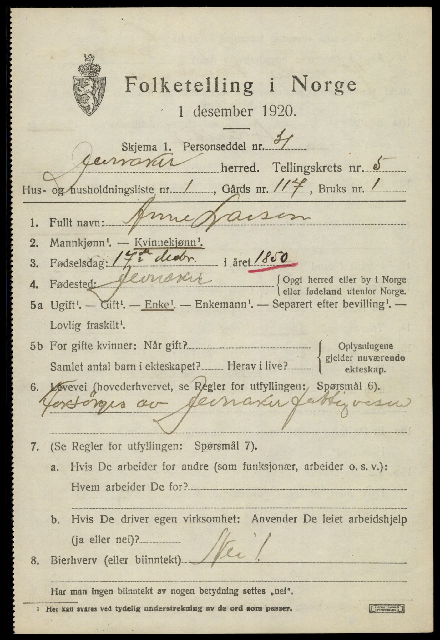 SAH, 1920 census for Jevnaker, 1920, p. 7831