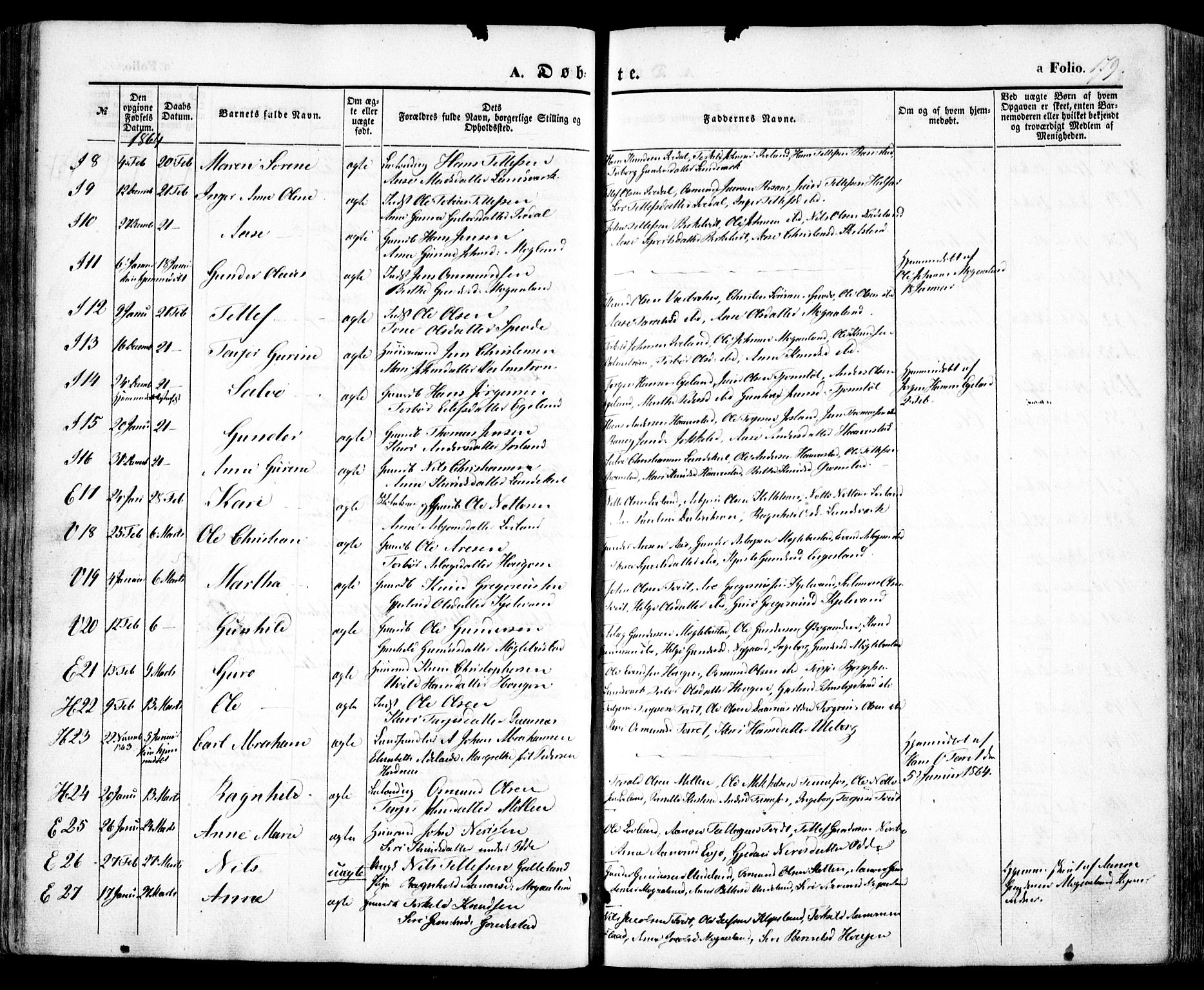 Evje sokneprestkontor, AV/SAK-1111-0008/F/Fa/Faa/L0005: Parish register (official) no. A 5, 1843-1865, p. 179