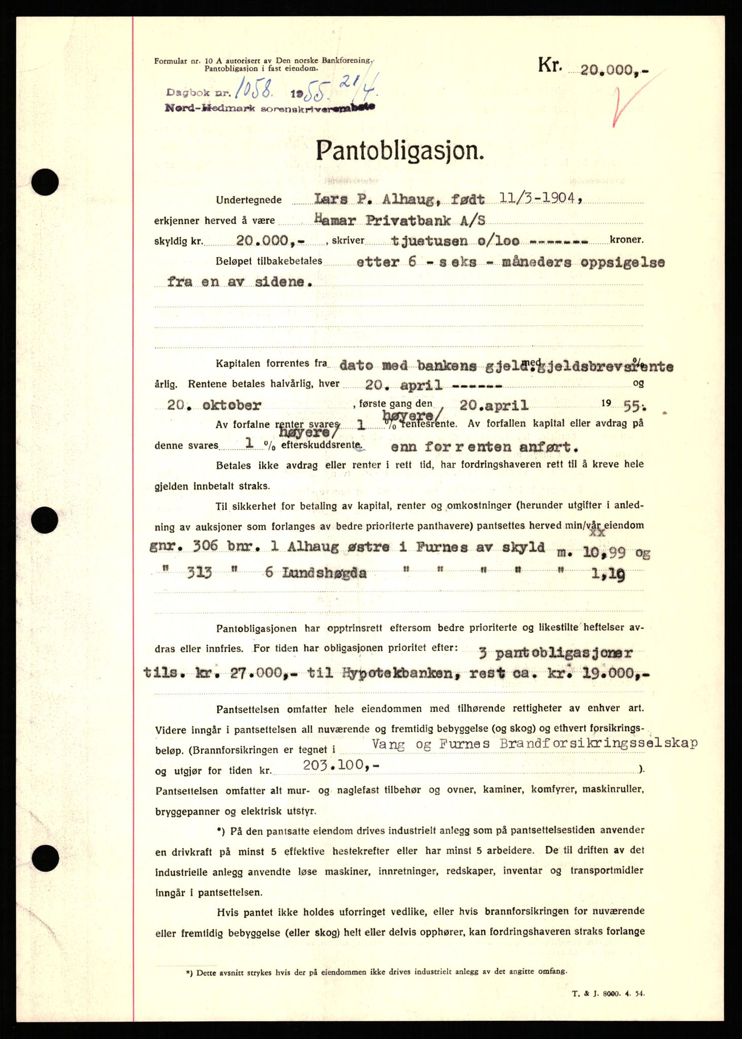 Nord-Hedmark sorenskriveri, AV/SAH-TING-012/H/Hb/Hbf/L0032: Mortgage book no. B32, 1955-1955, Diary no: : 1058/1952