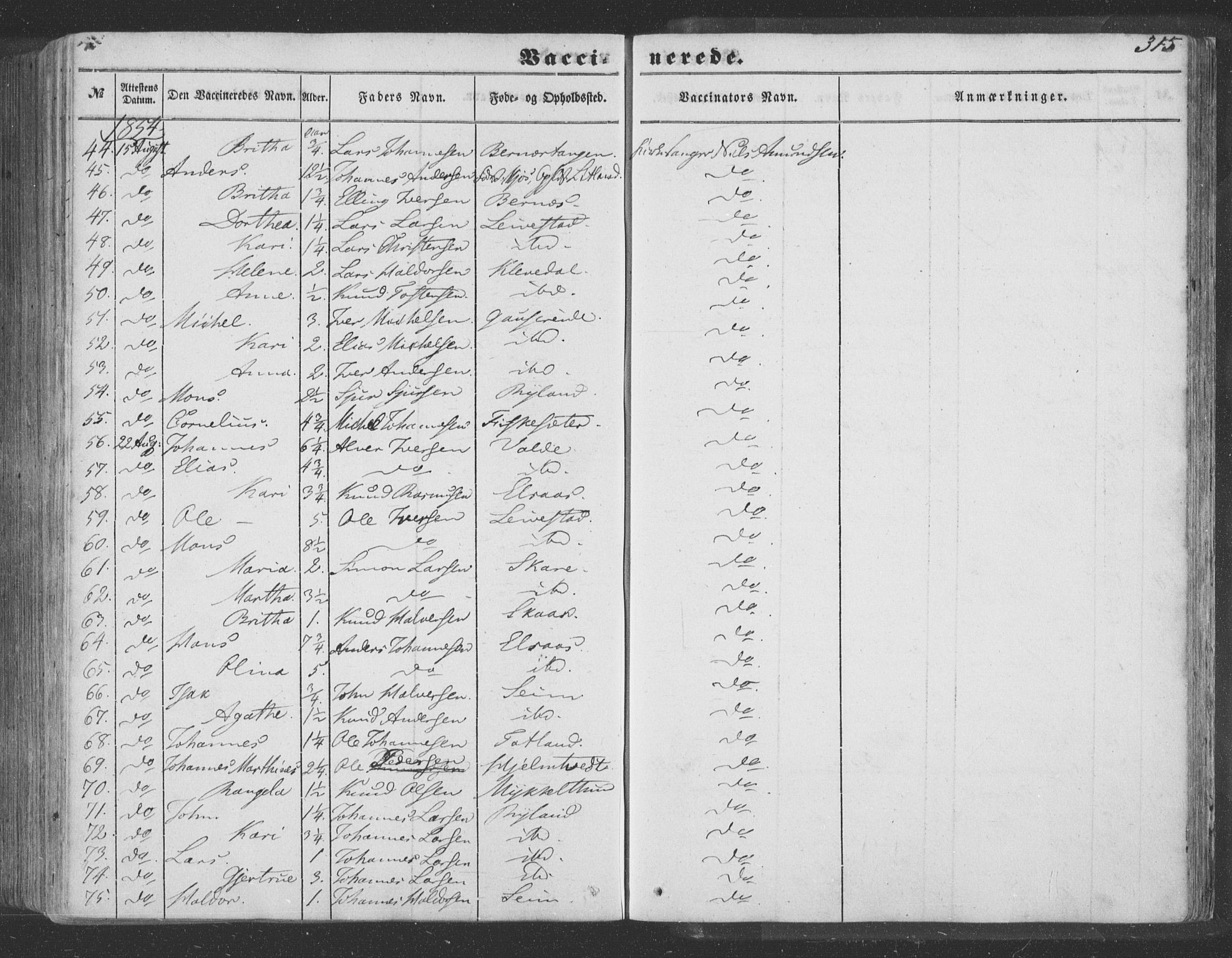 Hosanger sokneprestembete, SAB/A-75801/H/Haa: Parish register (official) no. A 8, 1849-1863, p. 315