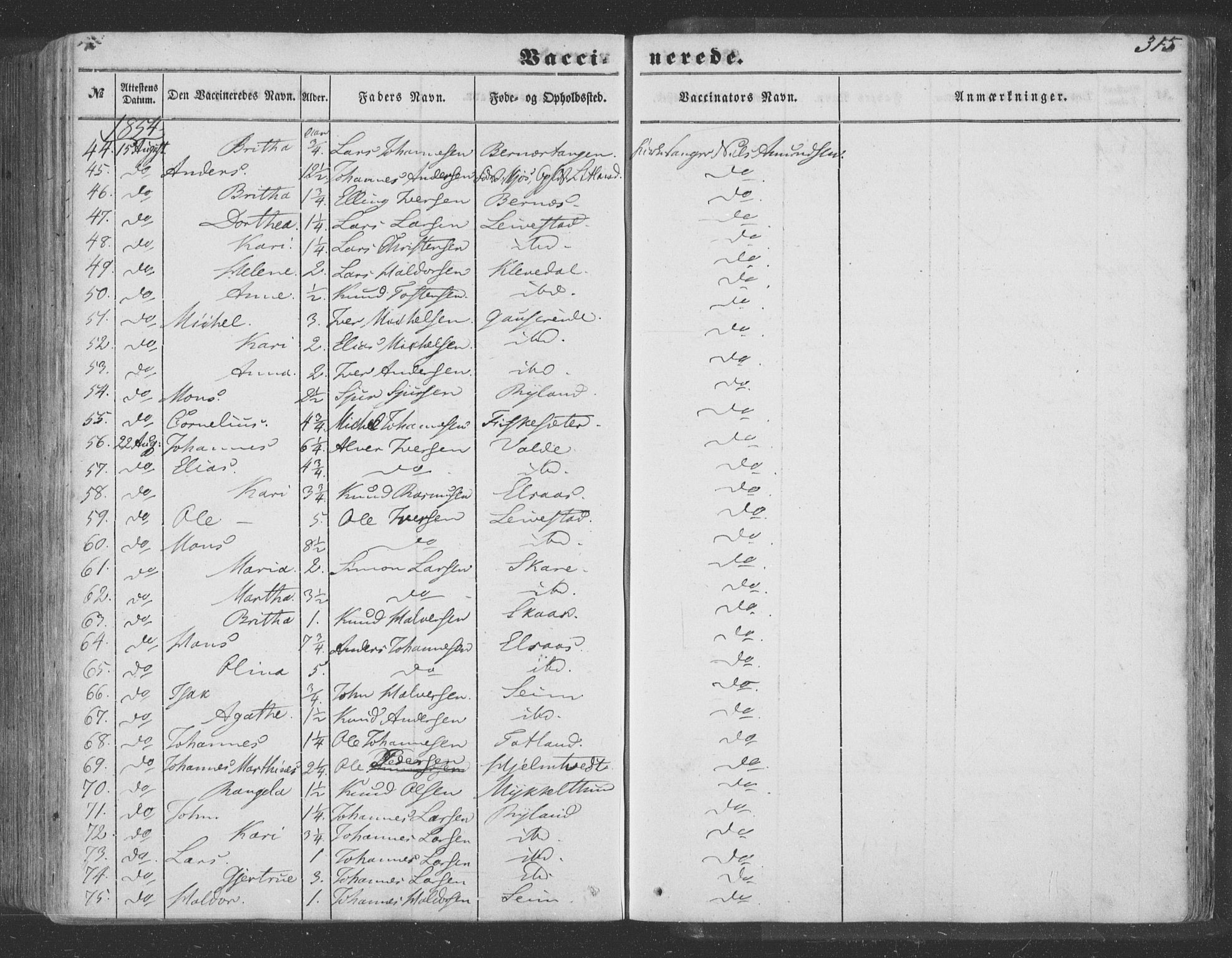 Hosanger sokneprestembete, AV/SAB-A-75801/H/Haa: Parish register (official) no. A 8, 1849-1863, p. 315