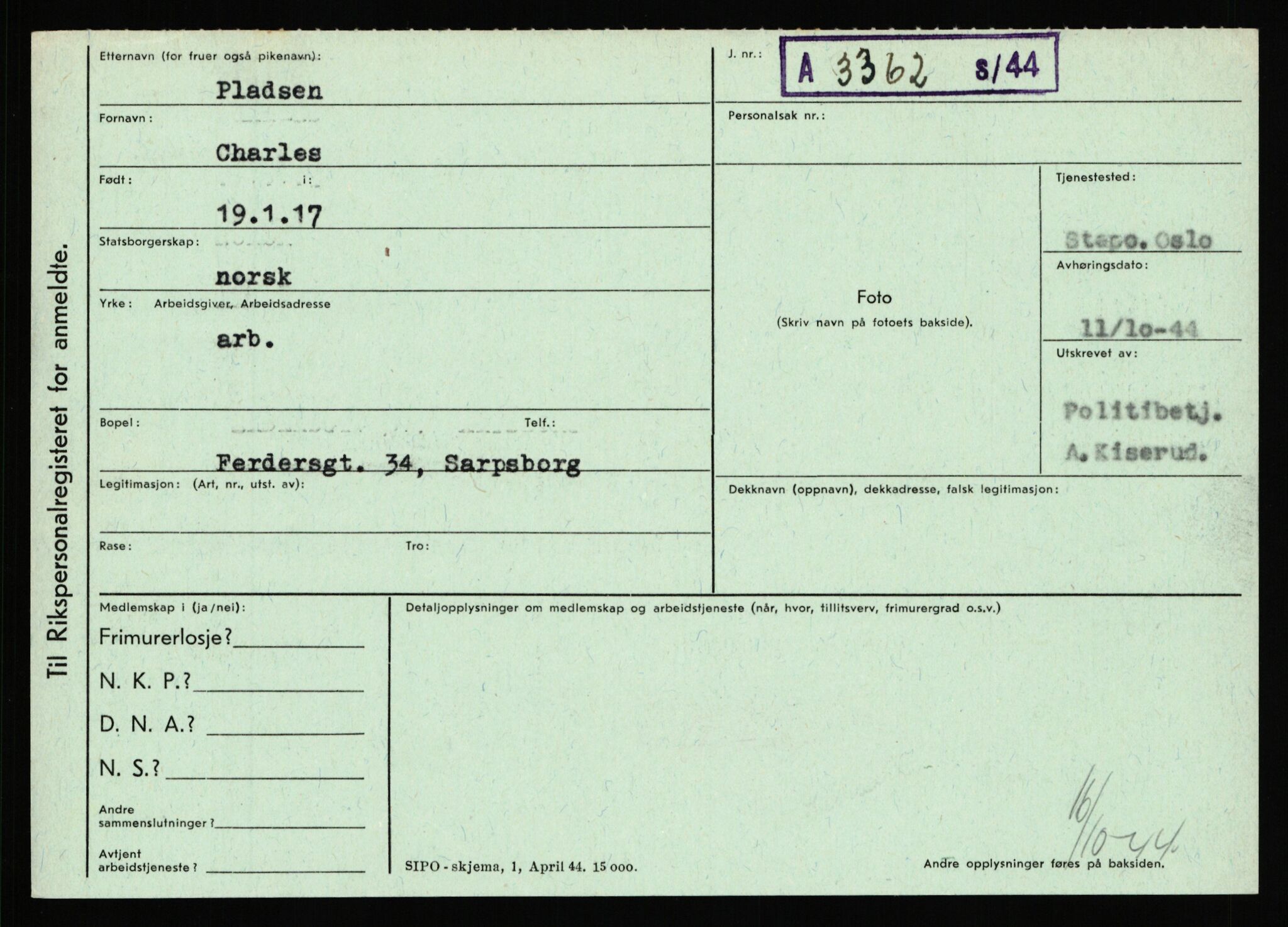 Statspolitiet - Hovedkontoret / Osloavdelingen, AV/RA-S-1329/C/Ca/L0012: Oanæs - Quistgaard	, 1943-1945, p. 4531