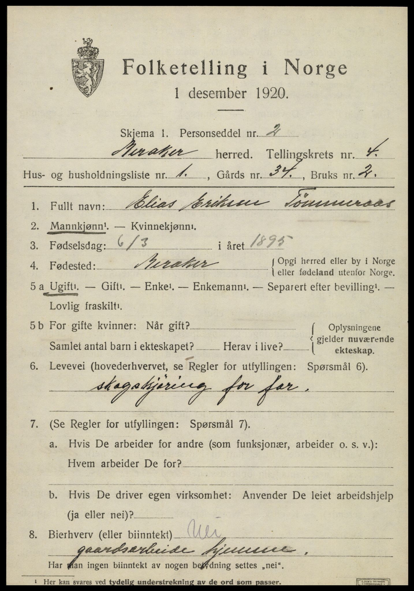 SAT, 1920 census for Meråker, 1920, p. 3372