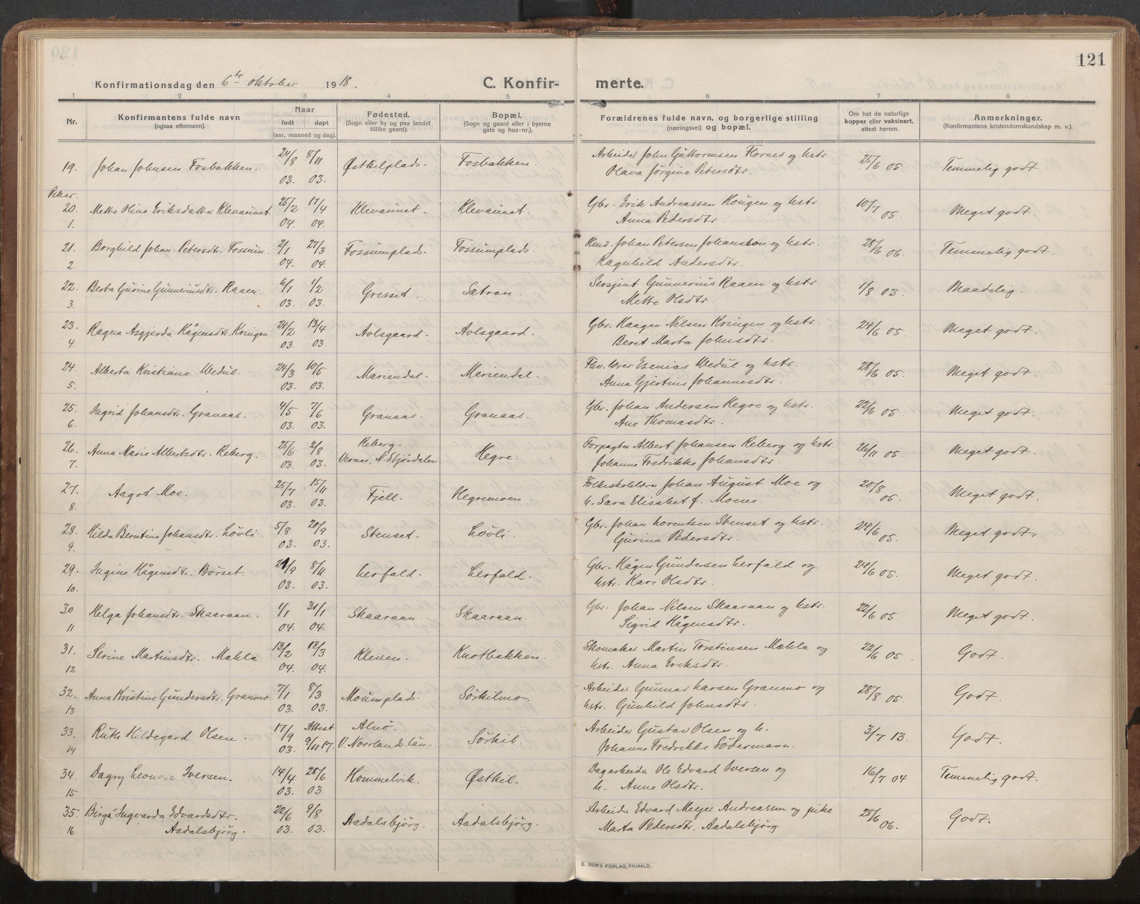 Ministerialprotokoller, klokkerbøker og fødselsregistre - Nord-Trøndelag, SAT/A-1458/703/L0037: Parish register (official) no. 703A10, 1915-1932, p. 121