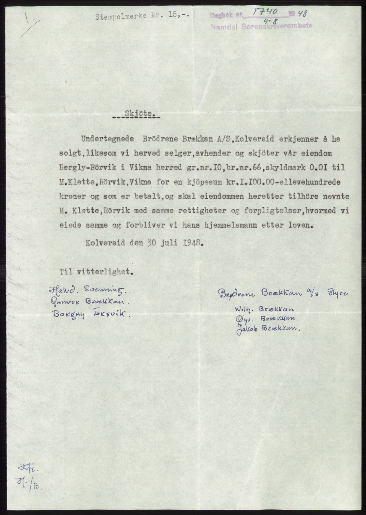 Namdal sorenskriveri, AV/SAT-A-4133/1/2/2C: Mortgage book no. -, 1948-1948, Diary no: : 1740/1948