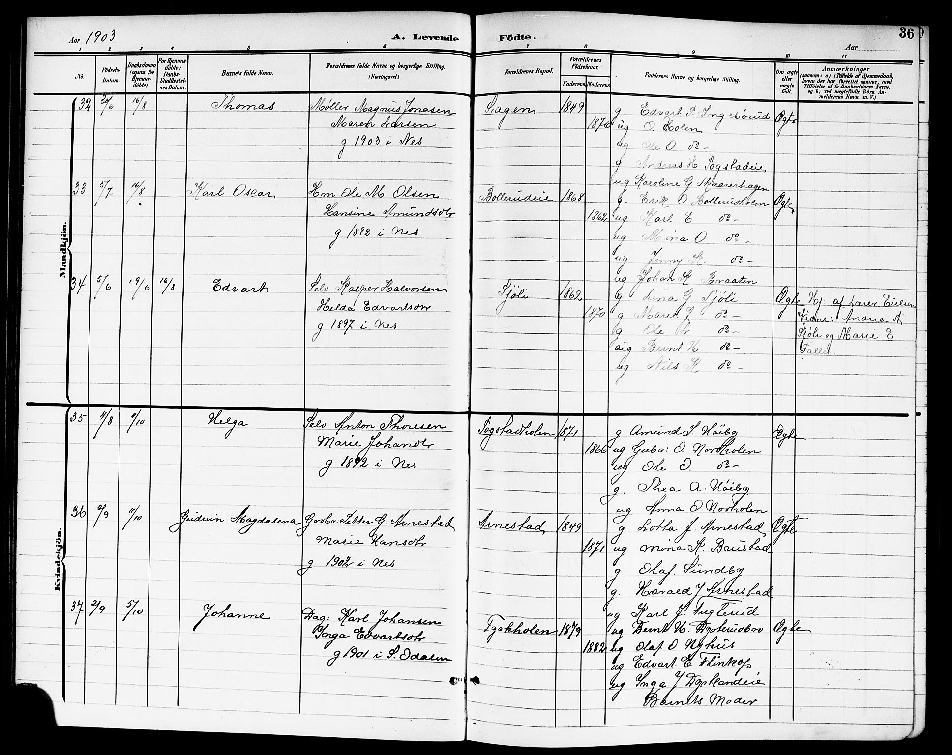 Nes prestekontor Kirkebøker, AV/SAO-A-10410/G/Ga/L0002: Parish register (copy) no. I 2, 1901-1912, p. 36