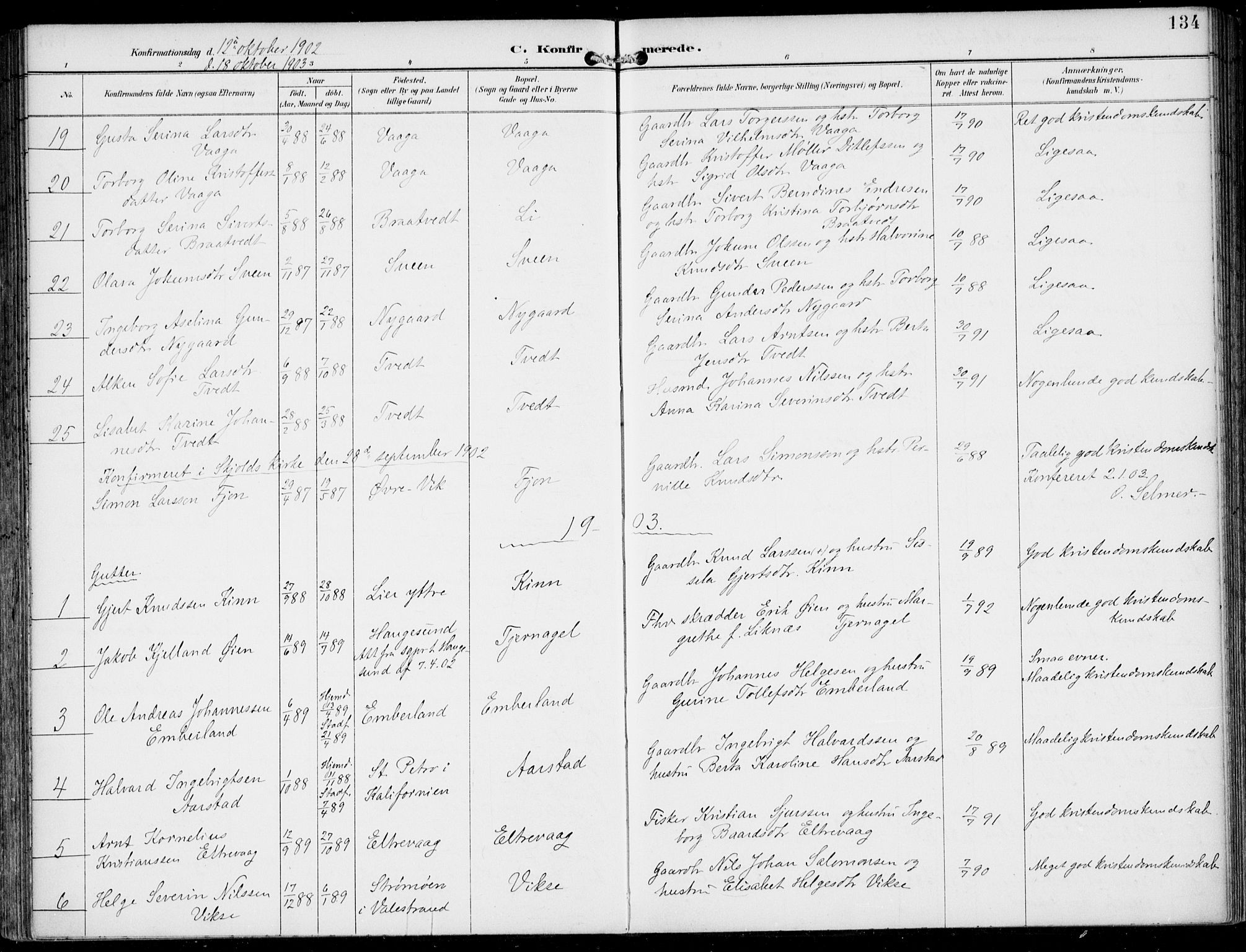 Sveio Sokneprestembete, AV/SAB-A-78501/H/Haa: Parish register (official) no. B  3, 1894-1906, p. 134