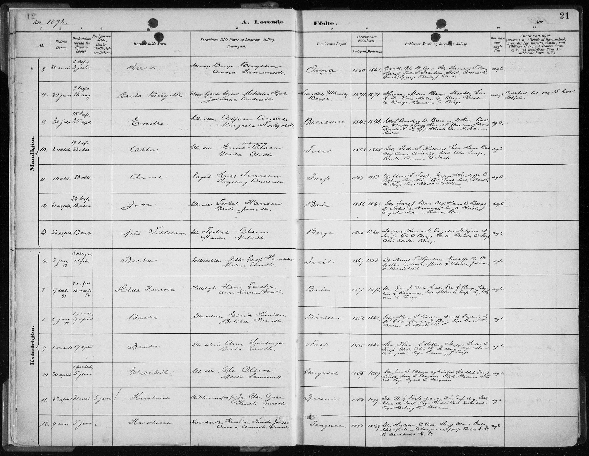 Strandebarm sokneprestembete, AV/SAB-A-78401/H/Haa: Parish register (official) no. B  1, 1886-1908, p. 21