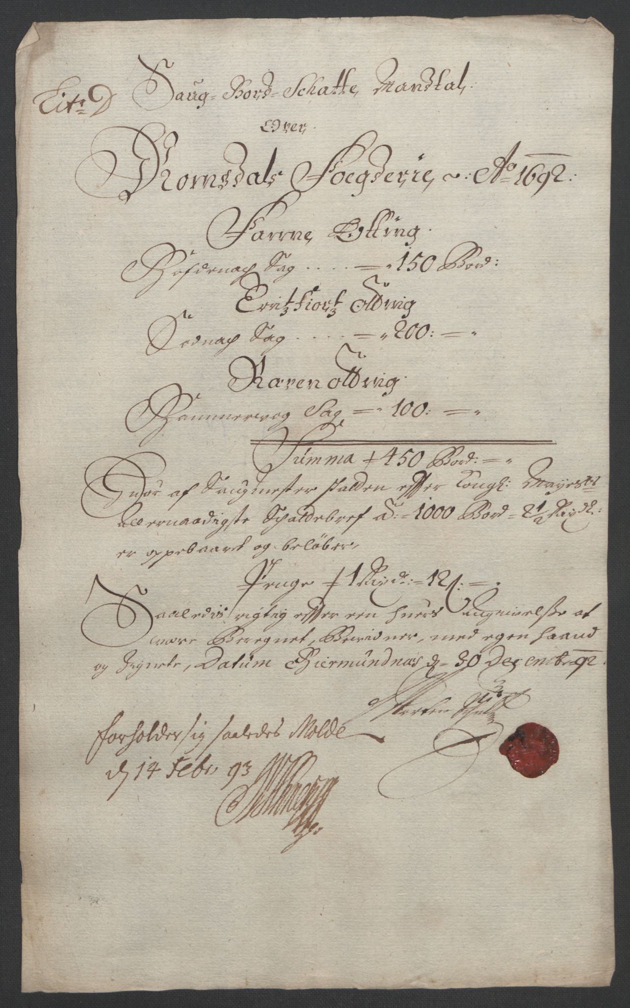 Rentekammeret inntil 1814, Reviderte regnskaper, Fogderegnskap, RA/EA-4092/R55/L3650: Fogderegnskap Romsdal, 1692, p. 76