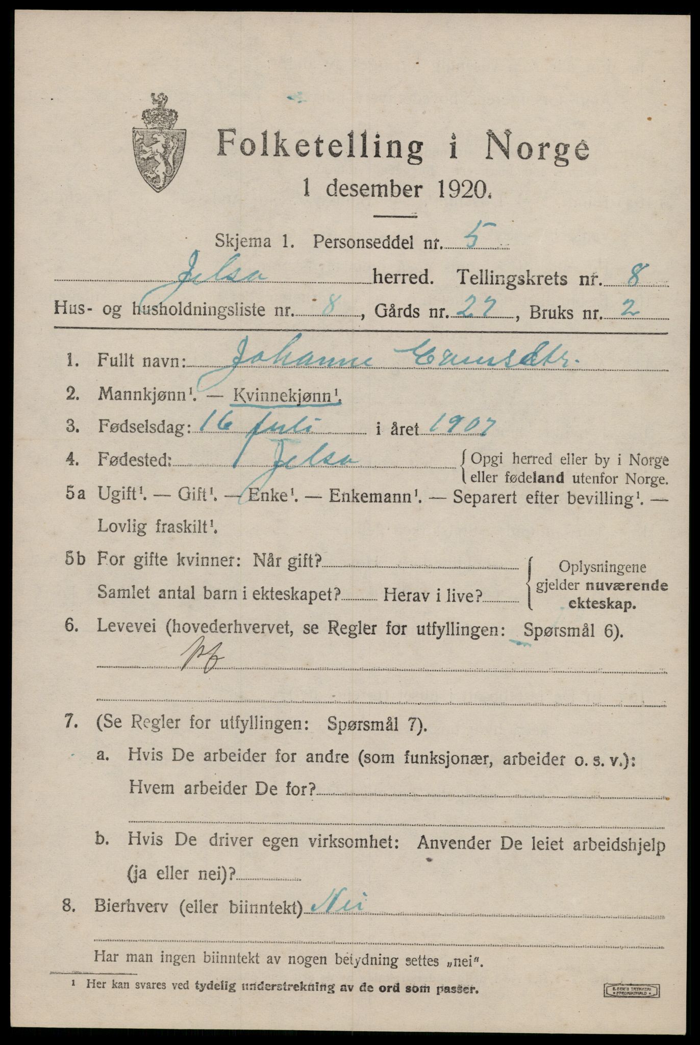 SAST, 1920 census for Jelsa, 1920, p. 2284