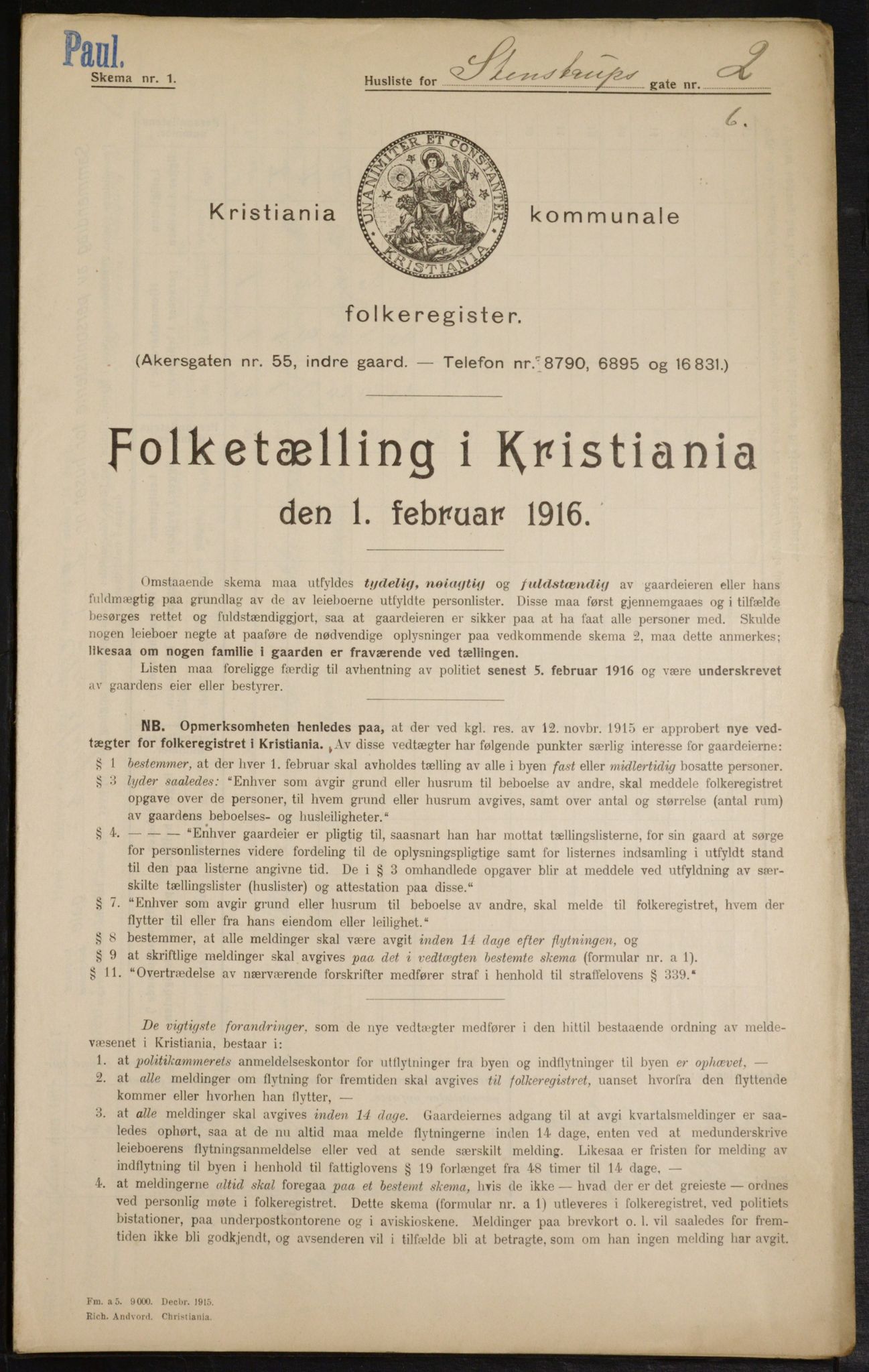 OBA, Municipal Census 1916 for Kristiania, 1916, p. 103516