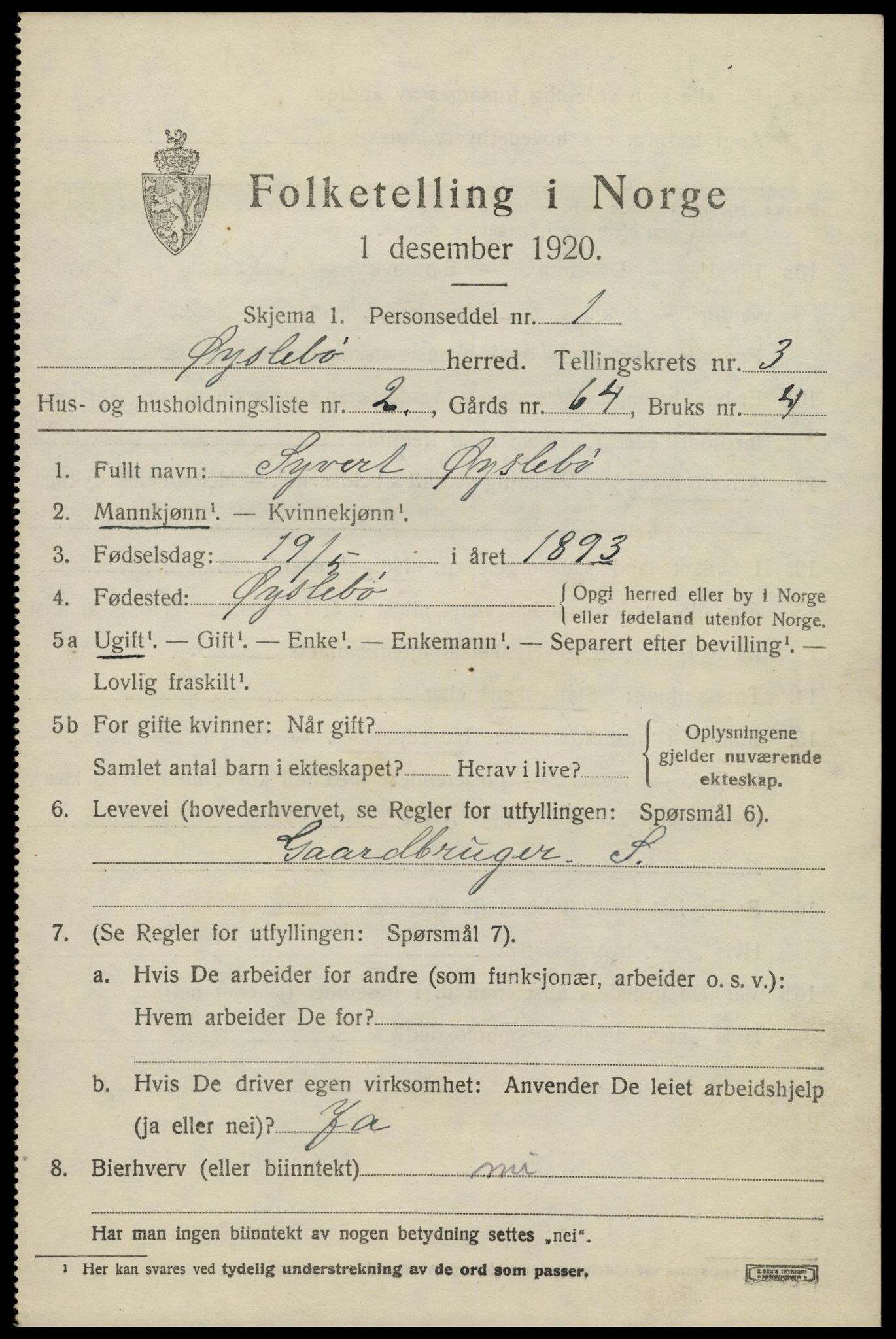 SAK, 1920 census for Øyslebø, 1920, p. 906