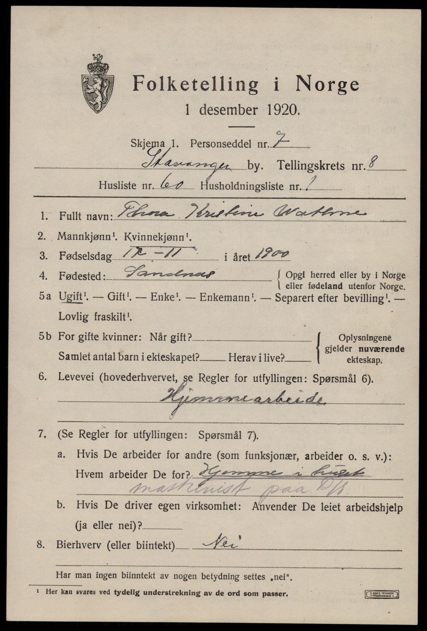 SAST, 1920 census for Stavanger, 1920, p. 48216